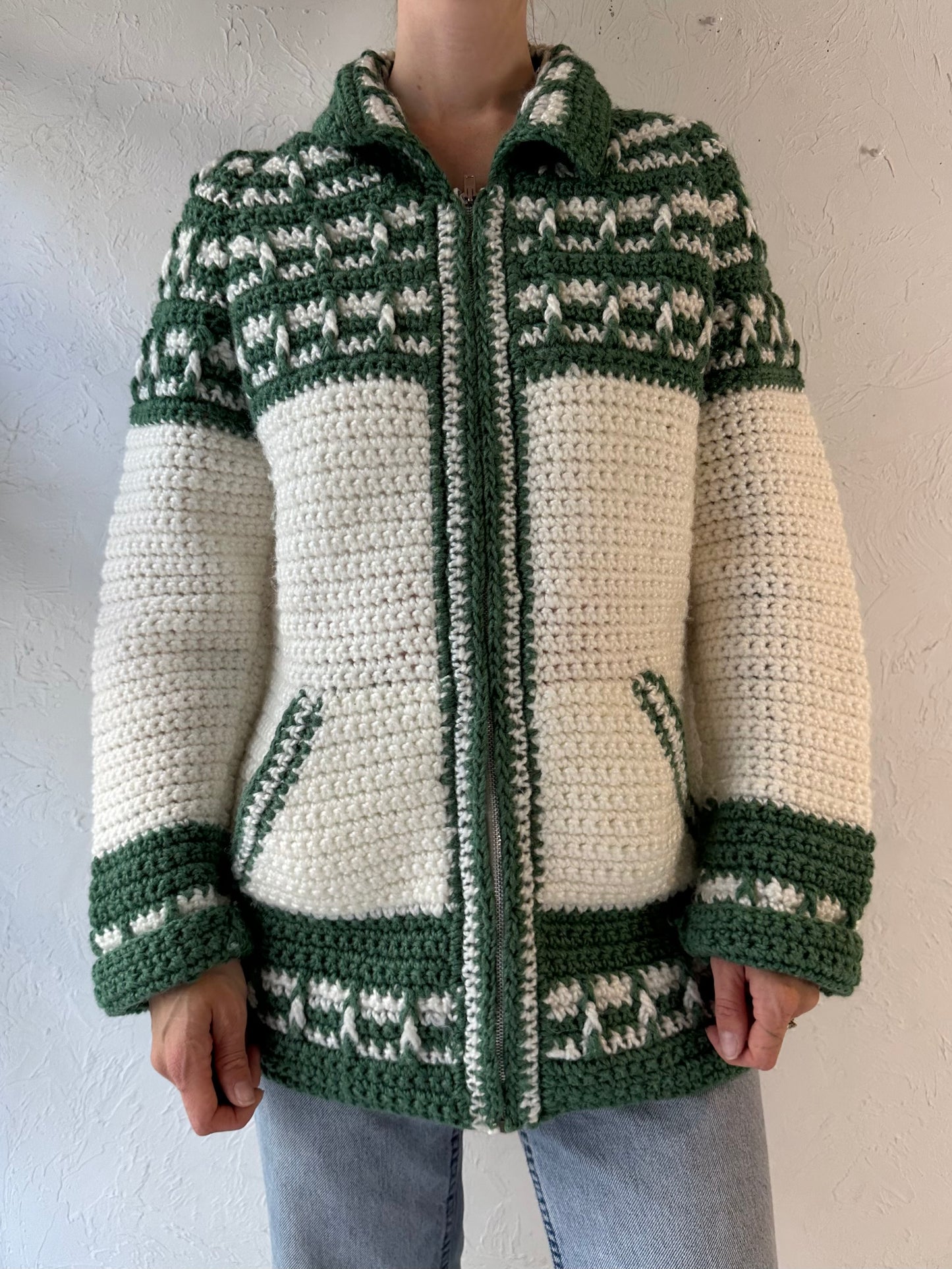 Vintage Hand Knit Green and White Acrylic Cardigan Sweater / Medium - Large