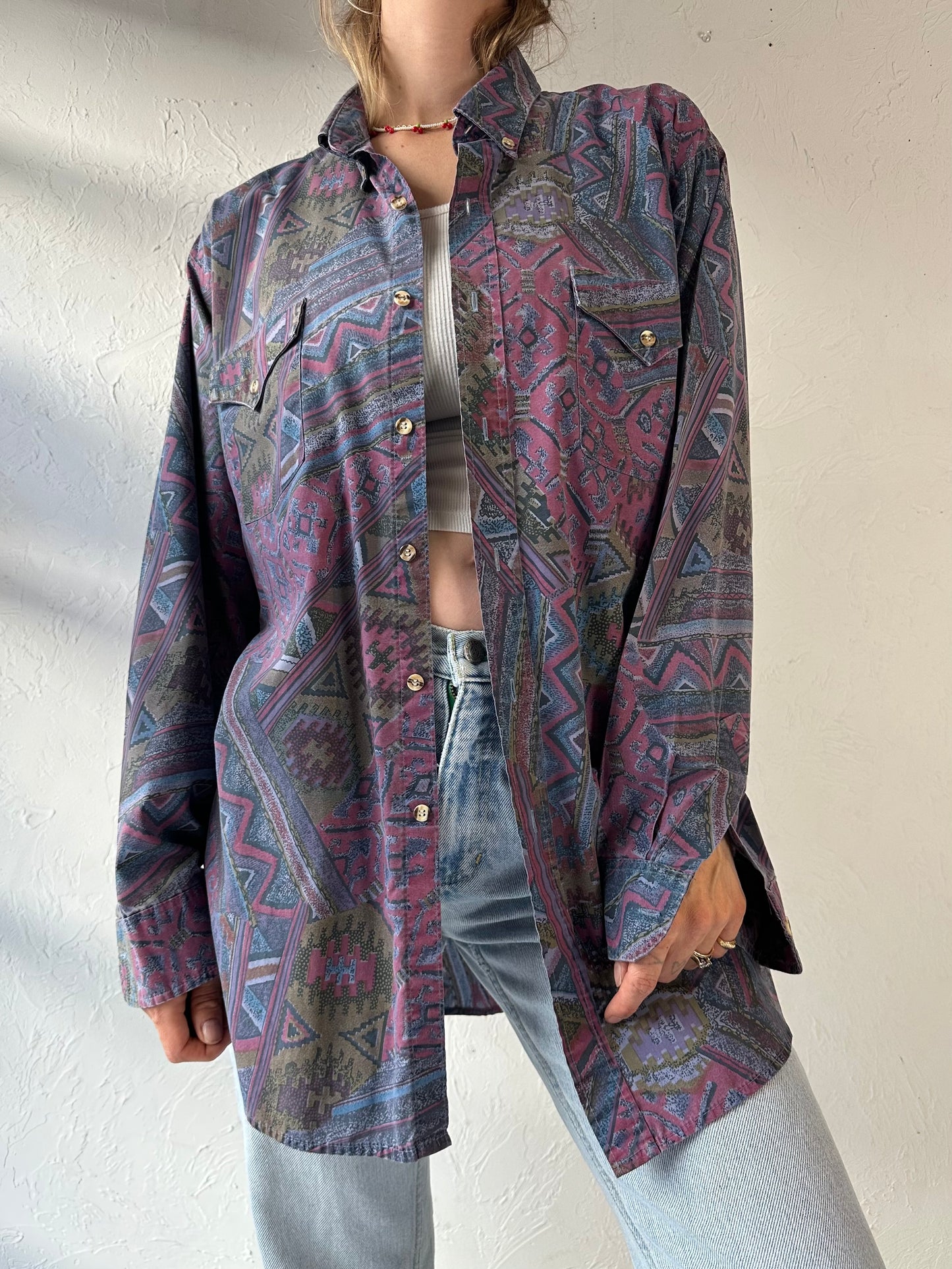 90s 'MWG' Purple Patterned Western Shirt / Large