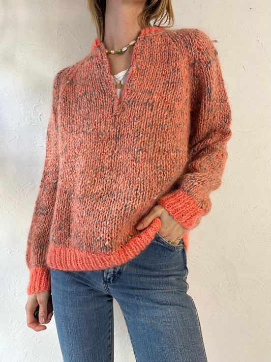 Vintage Hand Knit Pink Half Zip Sweater / Small