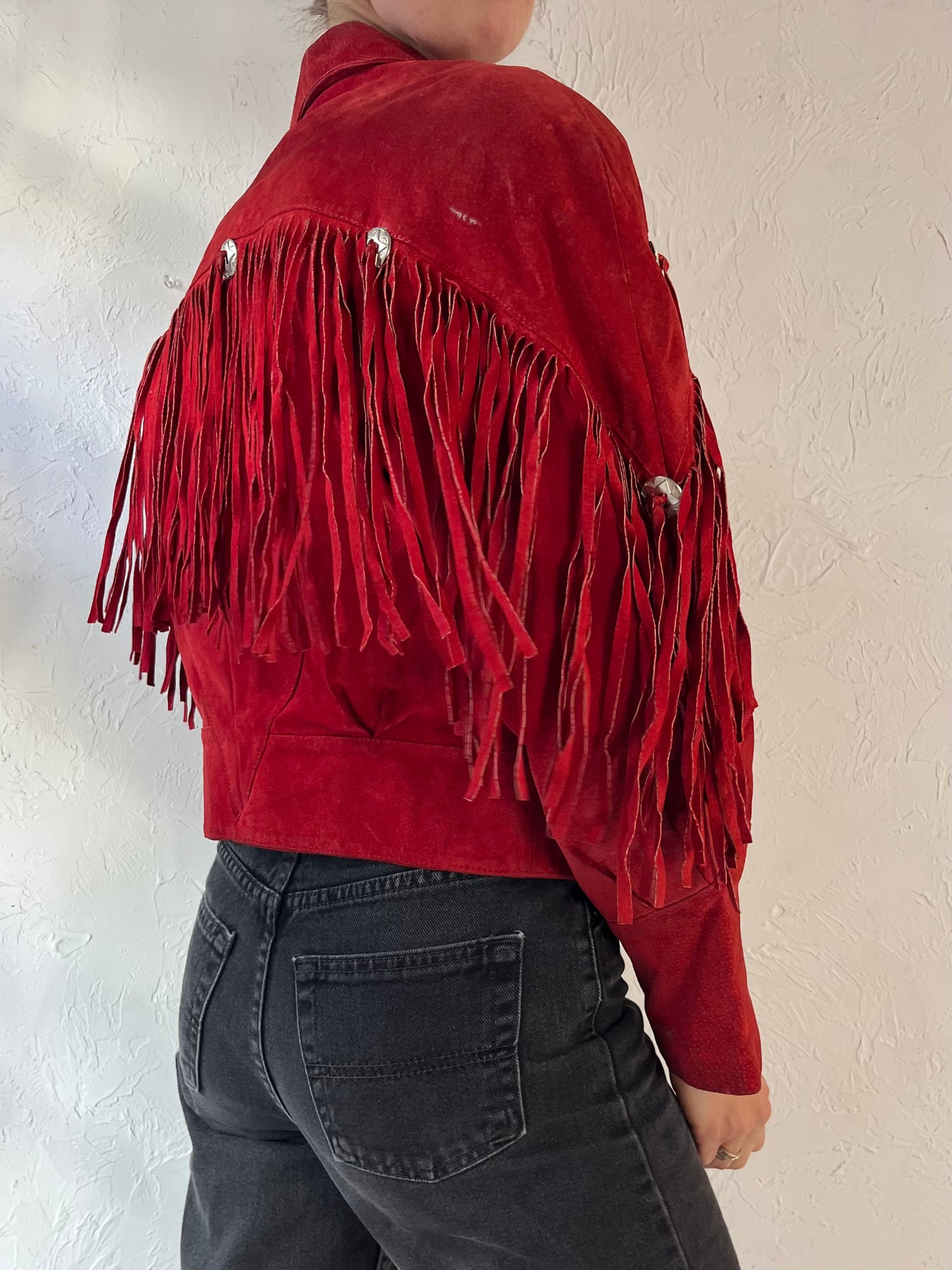 80s 'Outerbound' Red Suede Leather Fringe Jacket / Large
