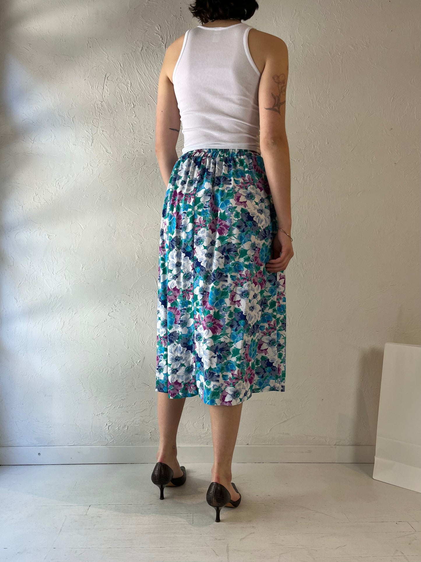 80s '180 Sauve' Patterned Rayon Midi Skirt / Small