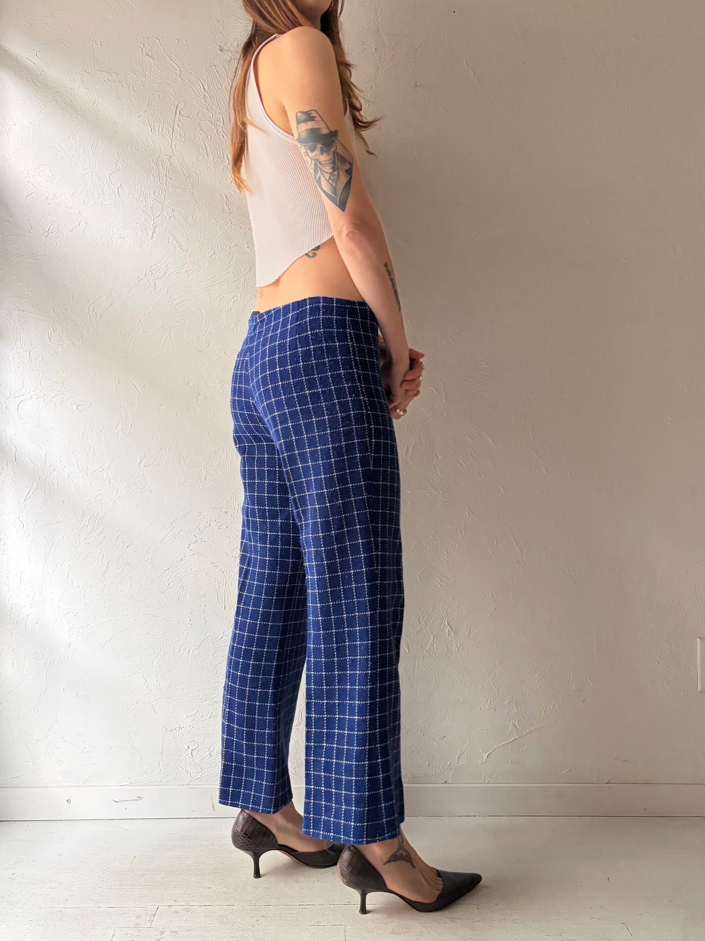 70s 'Joanna' Blue Plaid Classic Preppy Tailored Knit Pants / Medium