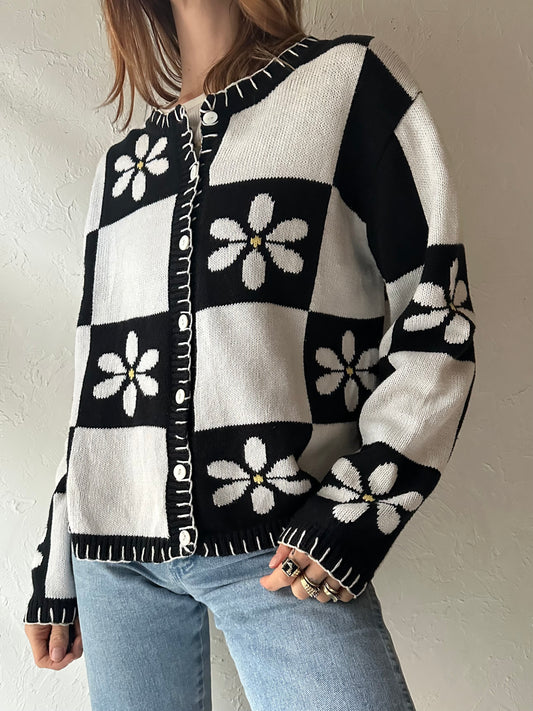 90s 'Willow Ridge' Checker Flower Sweater / Medium