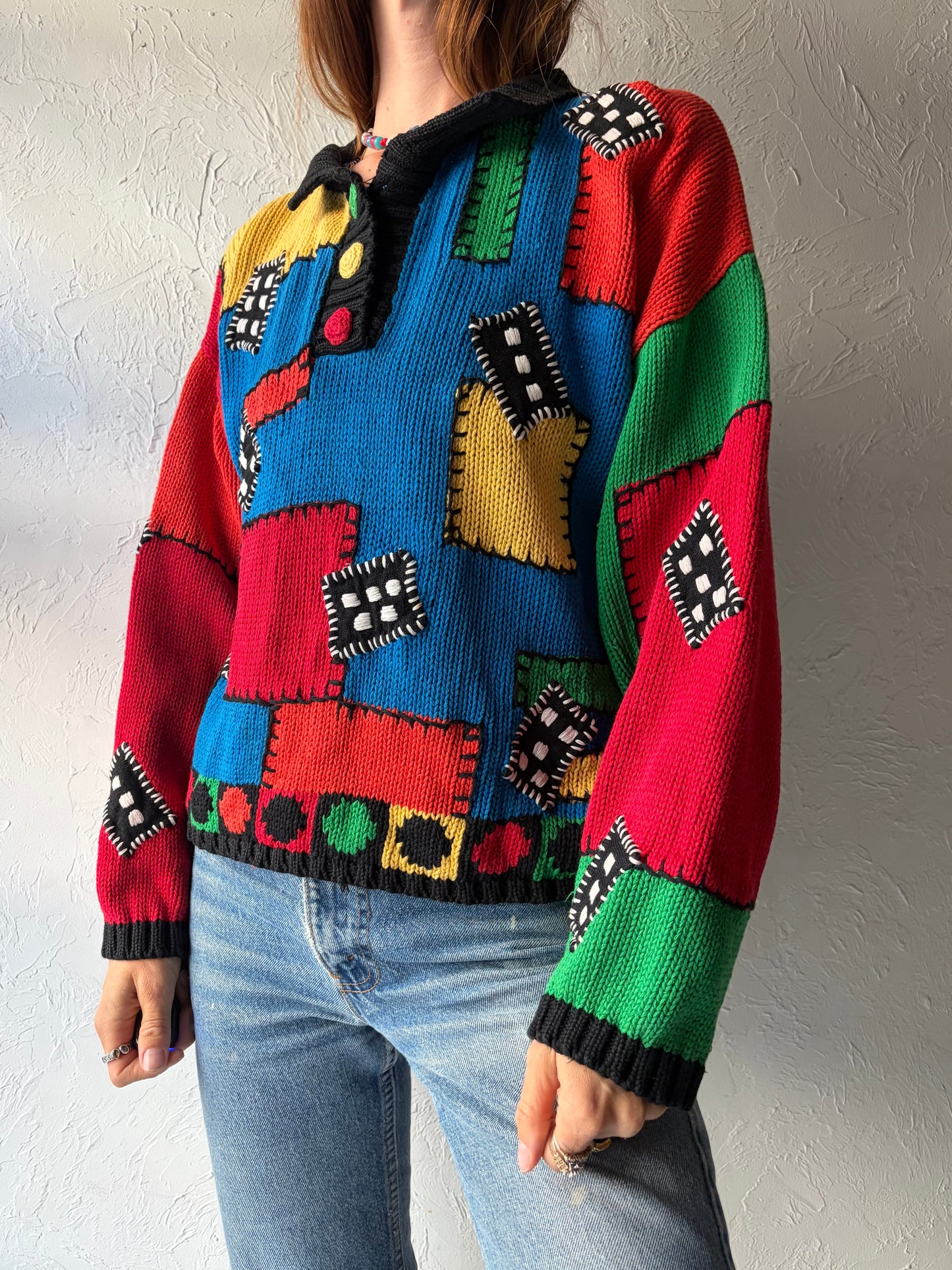 90s 'RIR' Color Block Cotton Sweater / Small