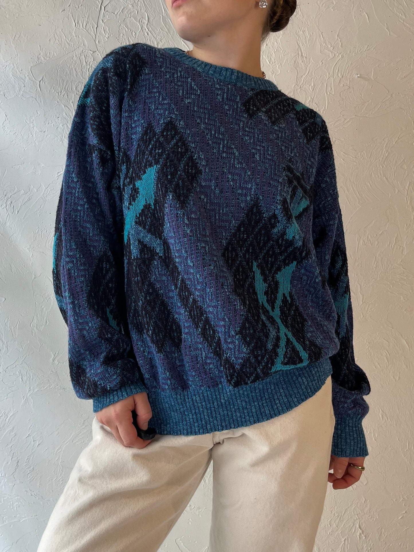 Vintage Blue Patterned Acrylic Knit Sweater / Medium