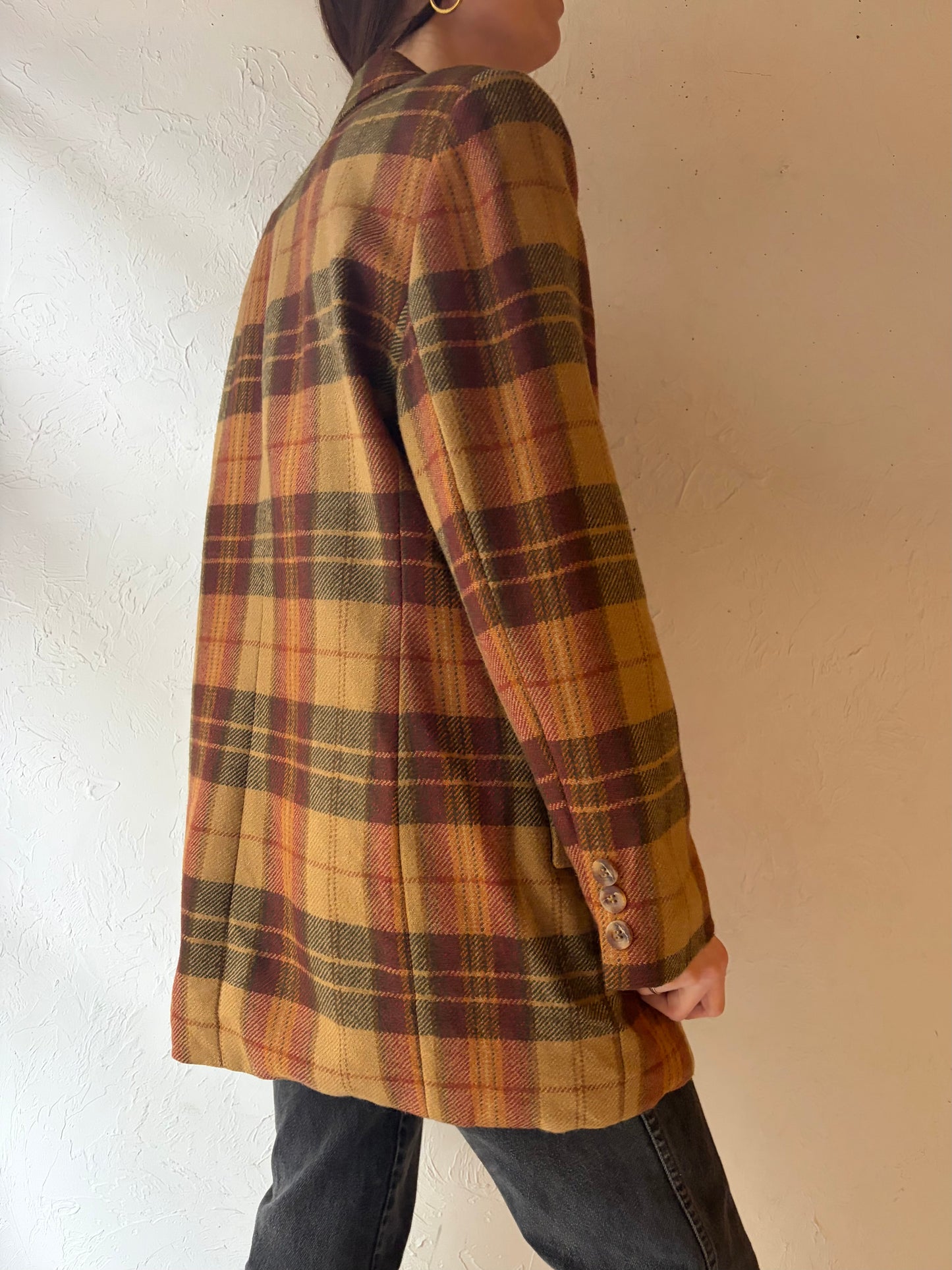 90s 'Linda Allard' Plaid Wool Blazer Vintage 1990s Minimalist Oversized Jacket / Medium