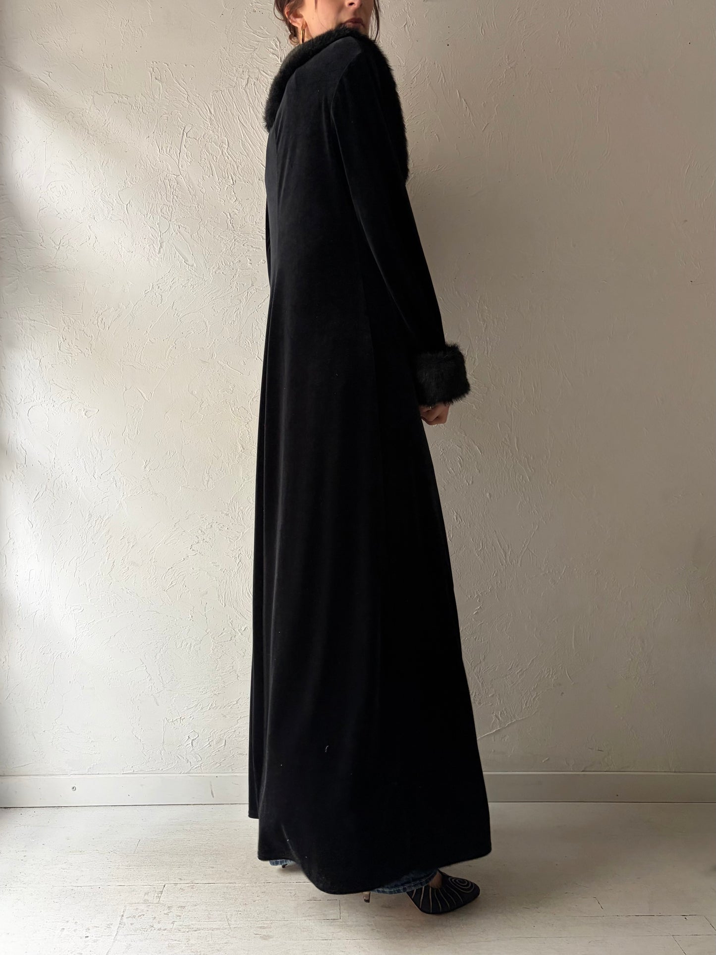 90s 'Onyx Nite' Black Velvet Long Coat / Large