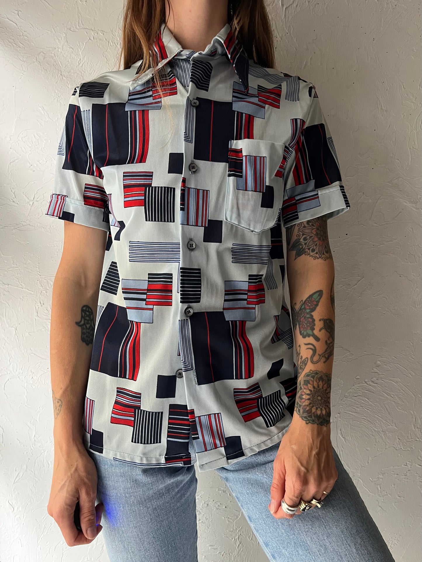 70s 'Sears' Silky Nylon Retro Patterned Shirt / Small