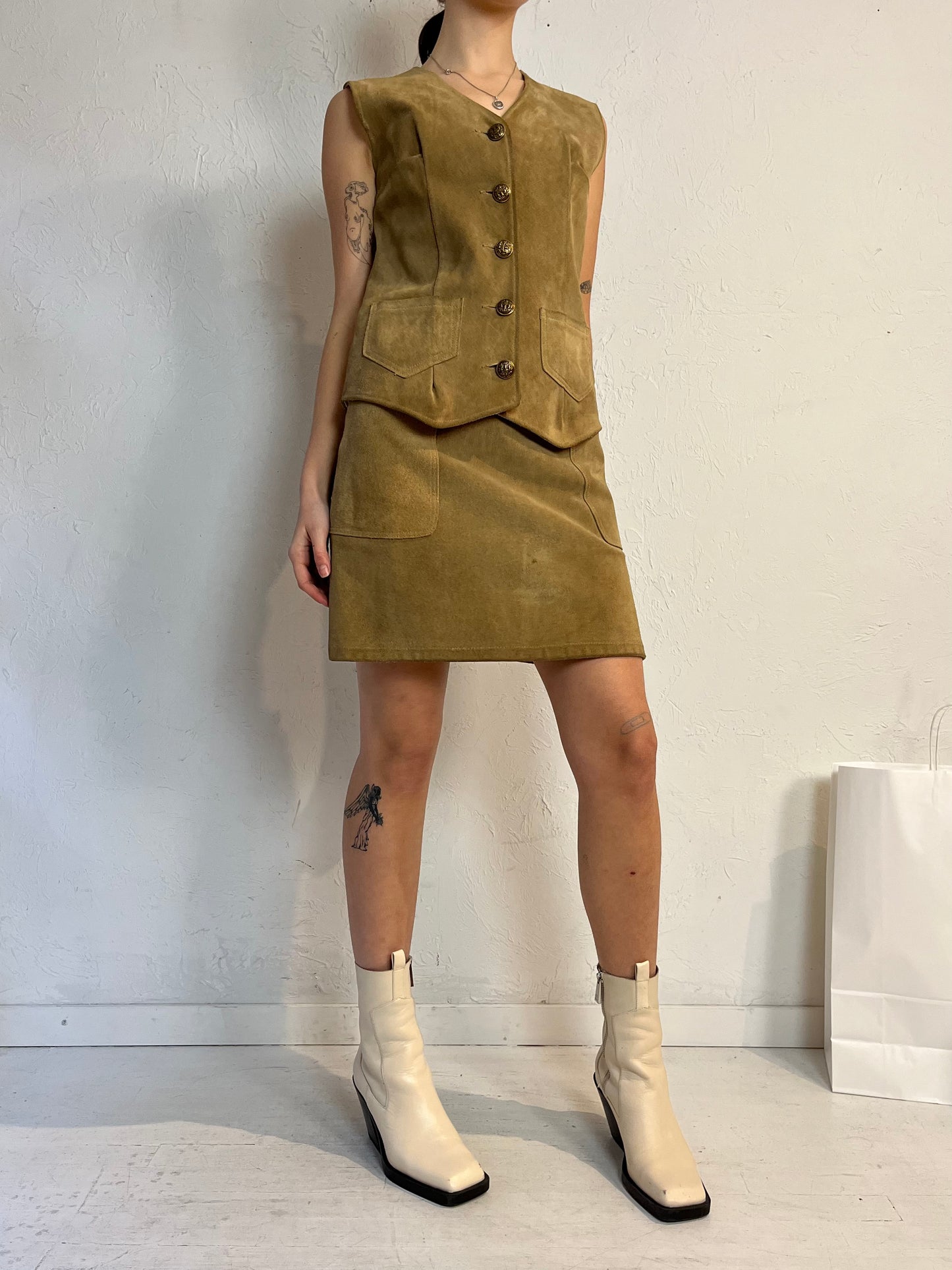 70s 'Danyali' Suede Leather Vest Skirt Set / Medium