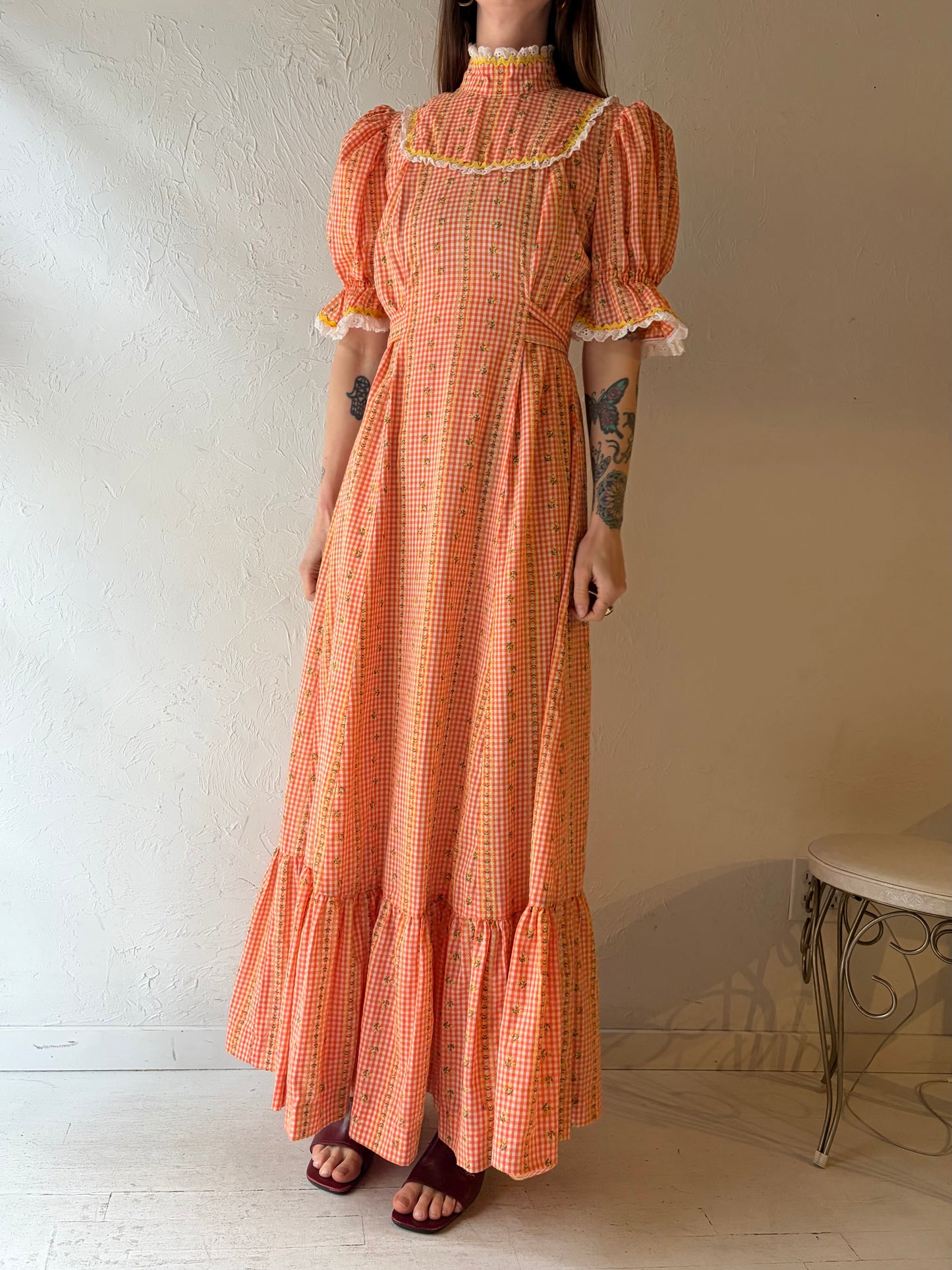 70s Handmade Orange Floral Cottage-core Prairie Style Summer Maxi Dress / Small