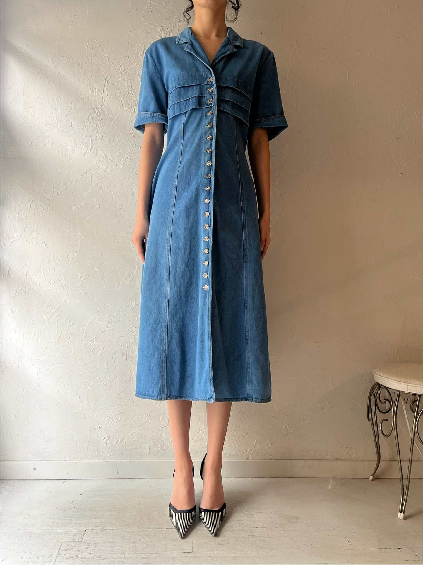 90s 'MHM' Button Up Denim Dress / Medium
