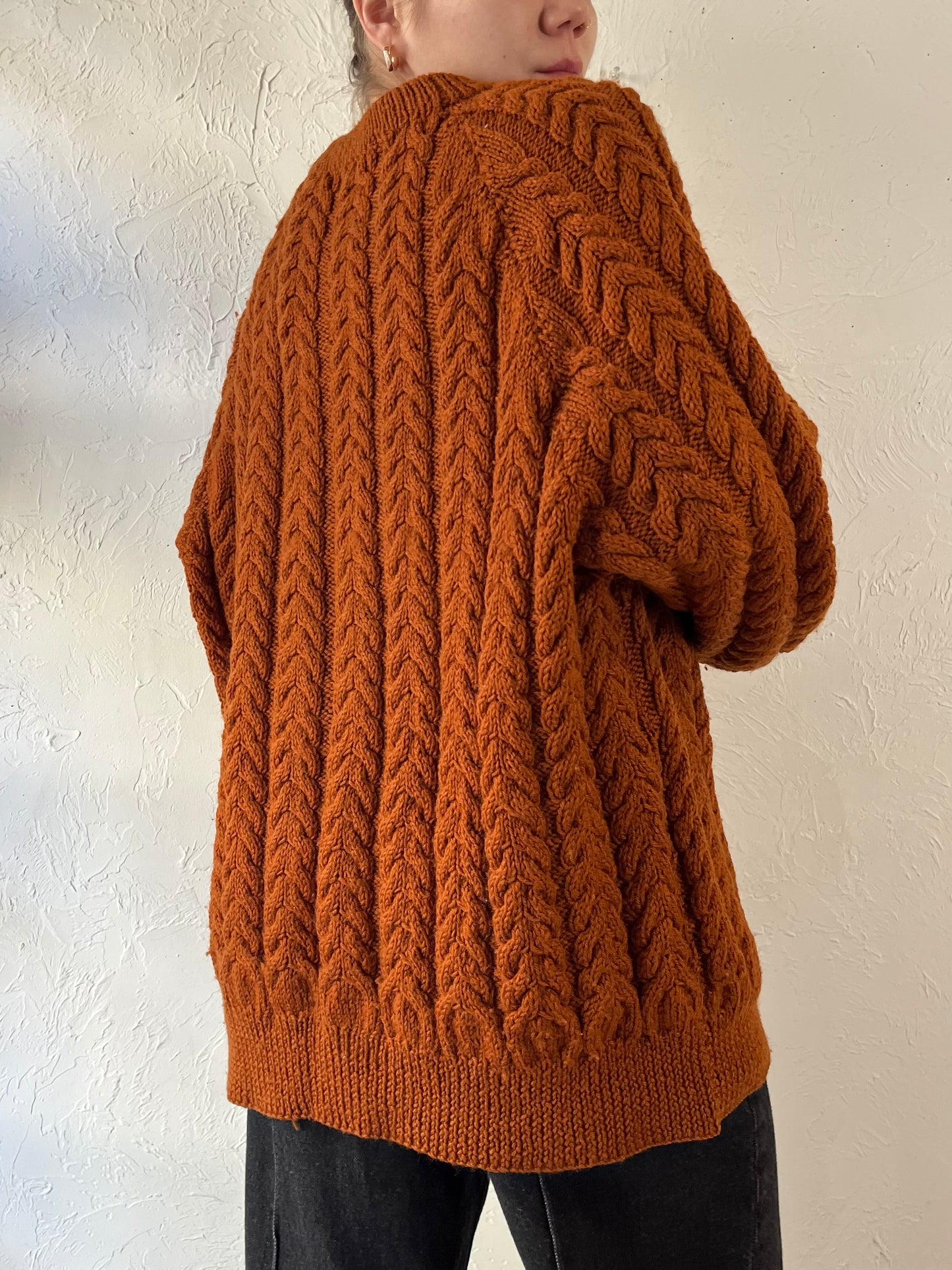 Vintage Hand Made Burnt Orange Cable Knit Sweater / Large