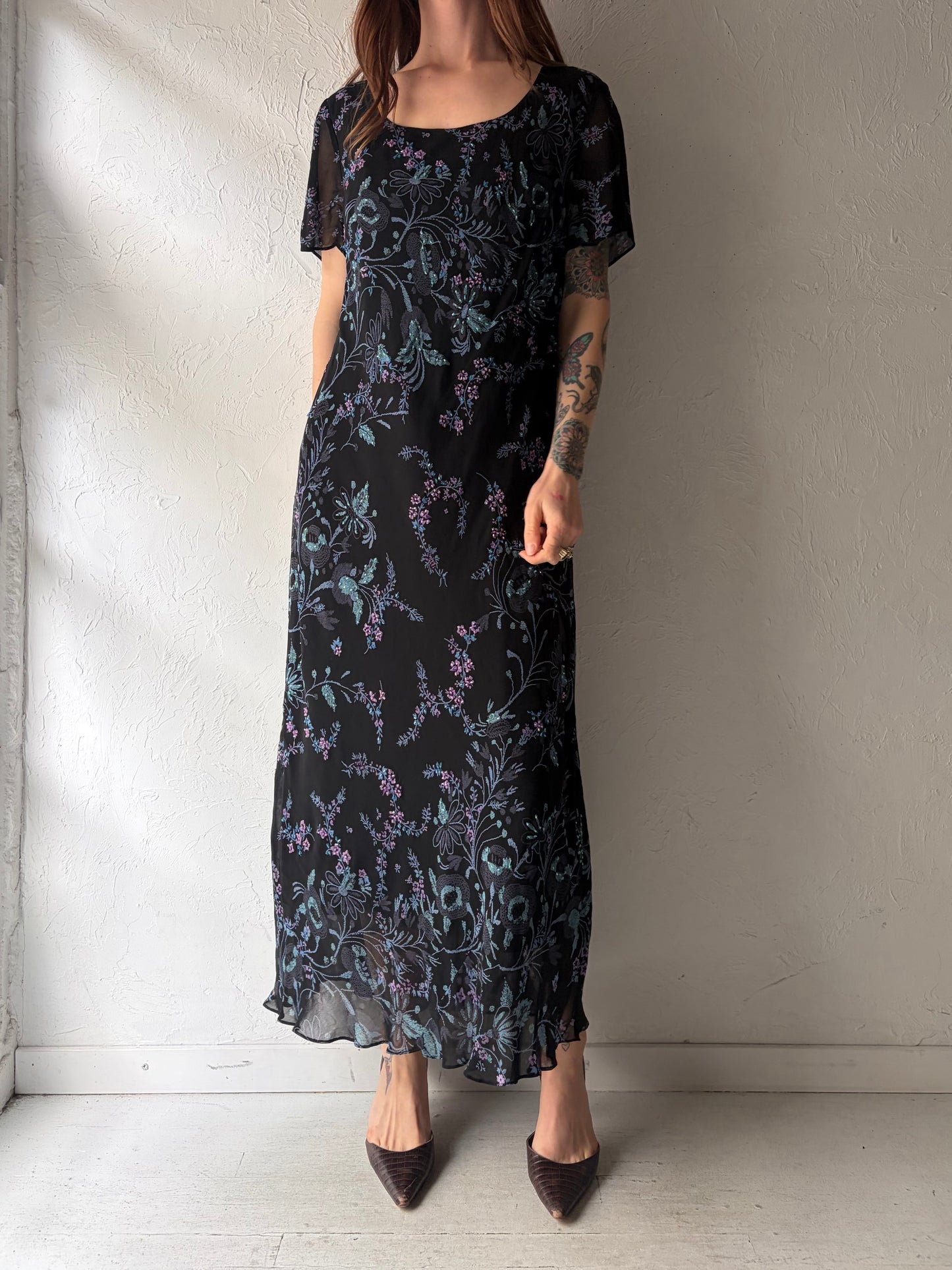Y2k 'Eva Blue' Black Floral Romanic Summer Dress / Vintage 2000s Flowy Maxi Formal Dress/ Large