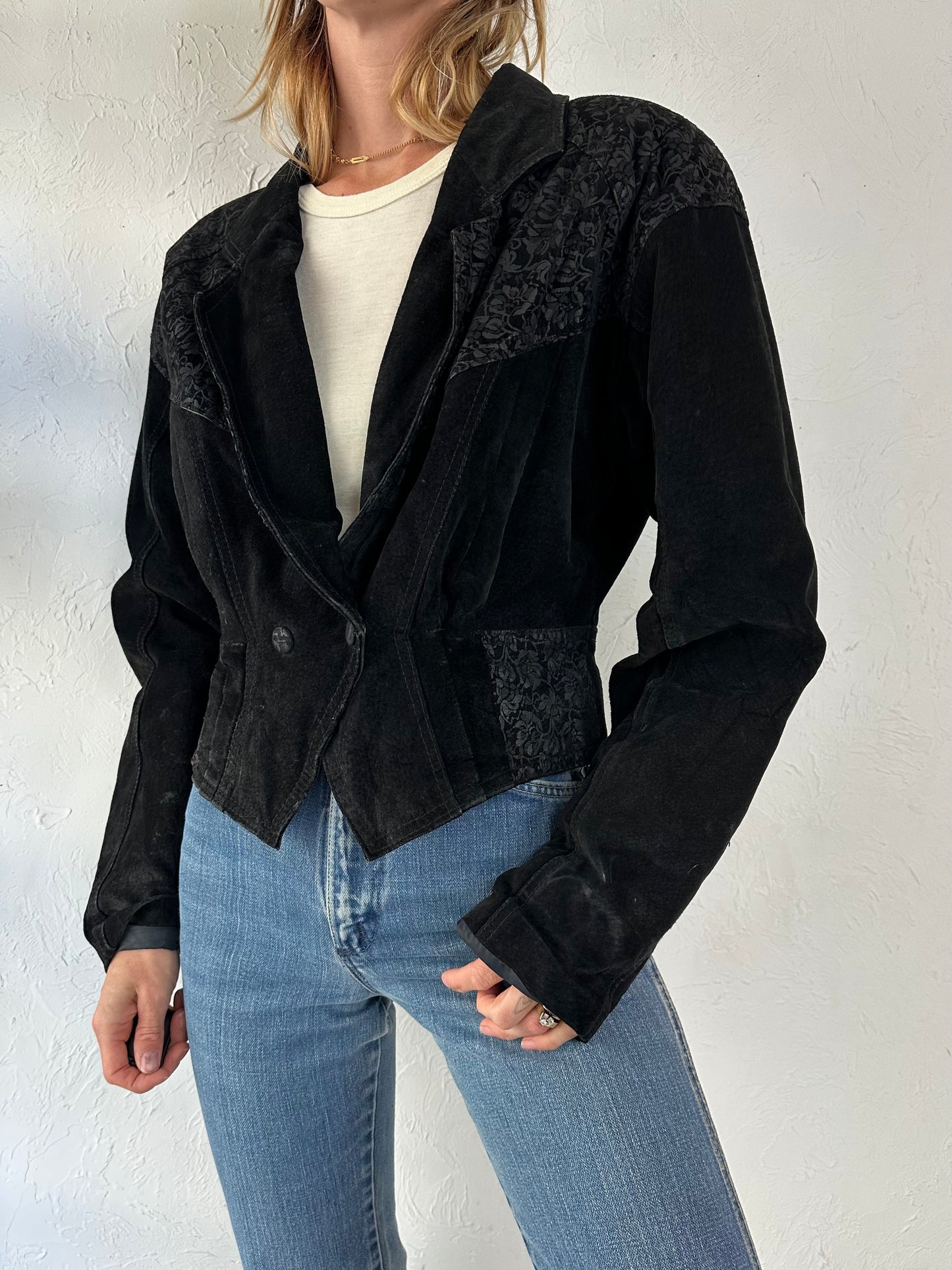 80s 'Chia' Black Embossed Suede Leather Jacket / Small - Medium