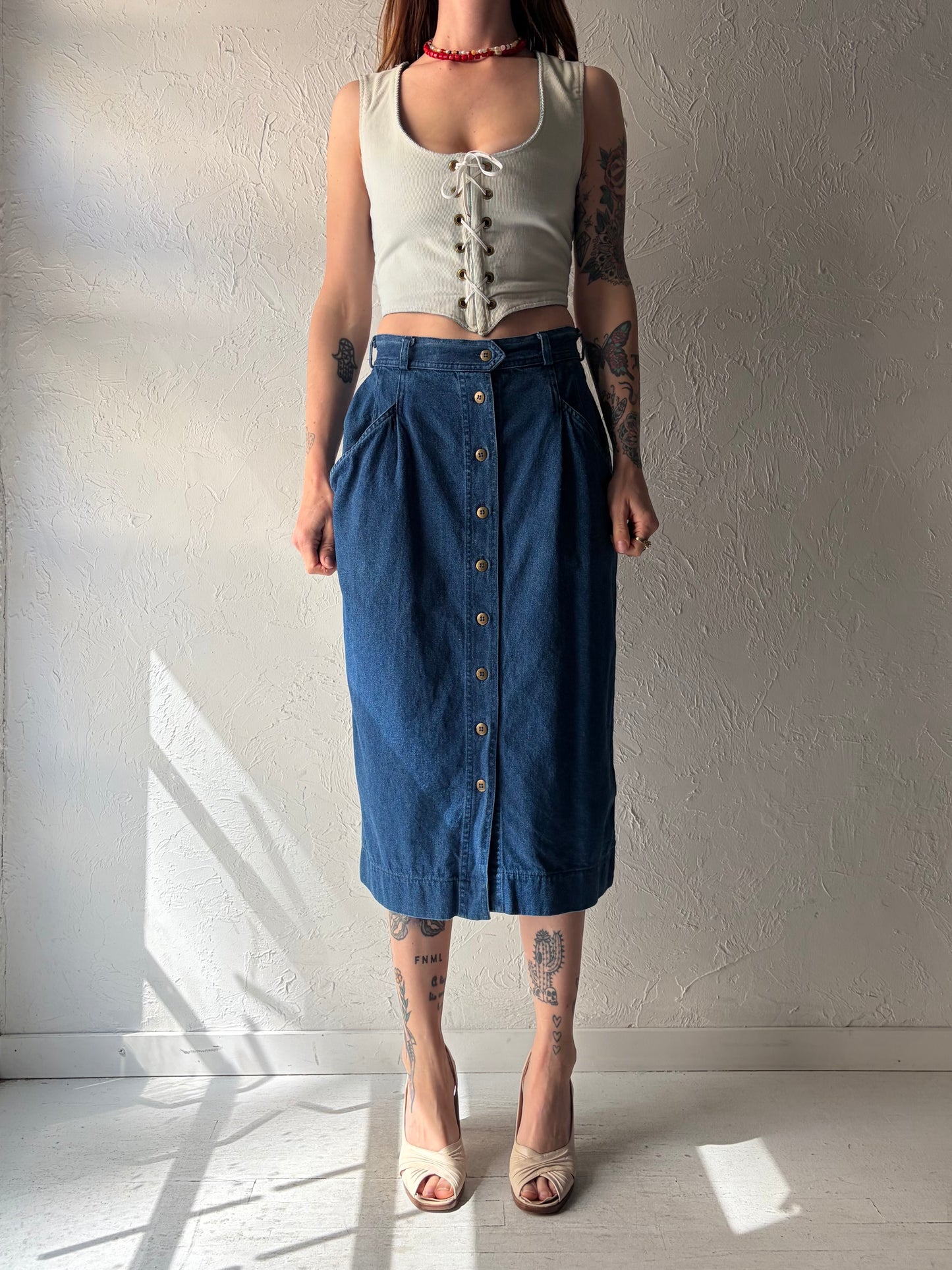Vintage Button Up Denim Midi Skirt / Medium