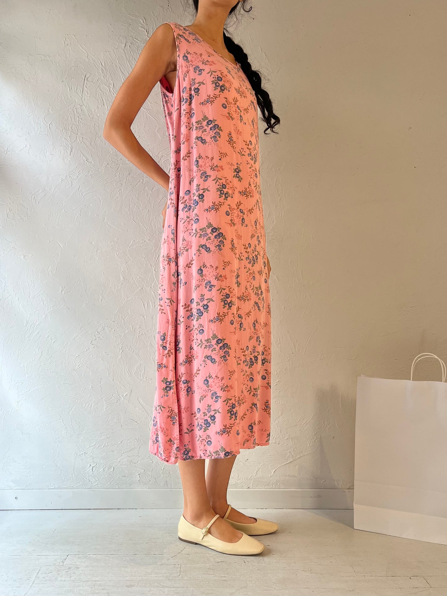 90s 'Cherokee' Pink Floral Print Rayon Dress / Small