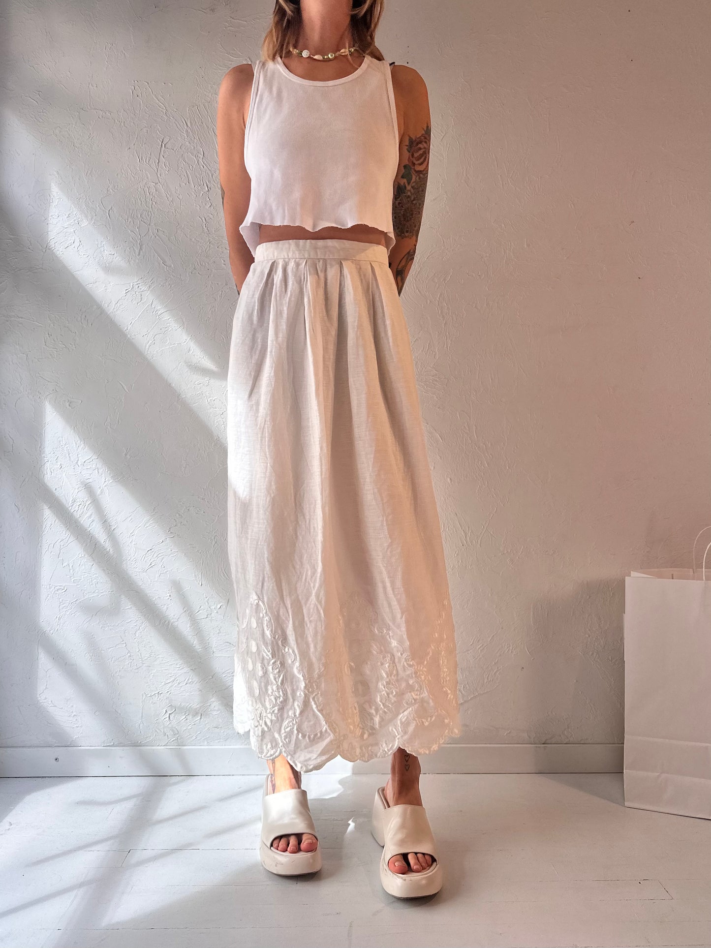 90s 'Cloak of Many Colors' White Linen Skirt / Small