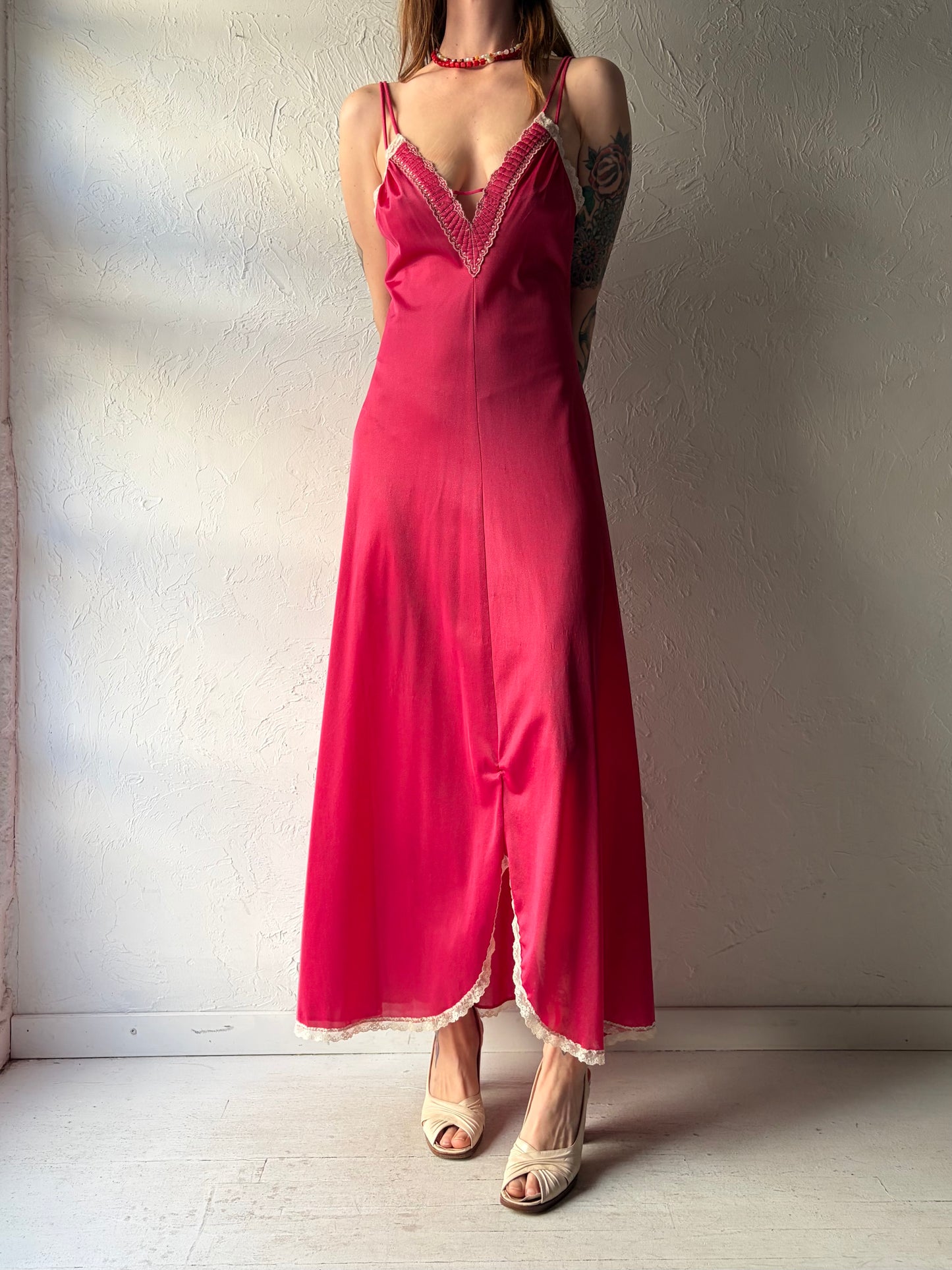 70s 'Sears' Vintage Pink Nylon Romantic Lingerie Slip Dress / Small