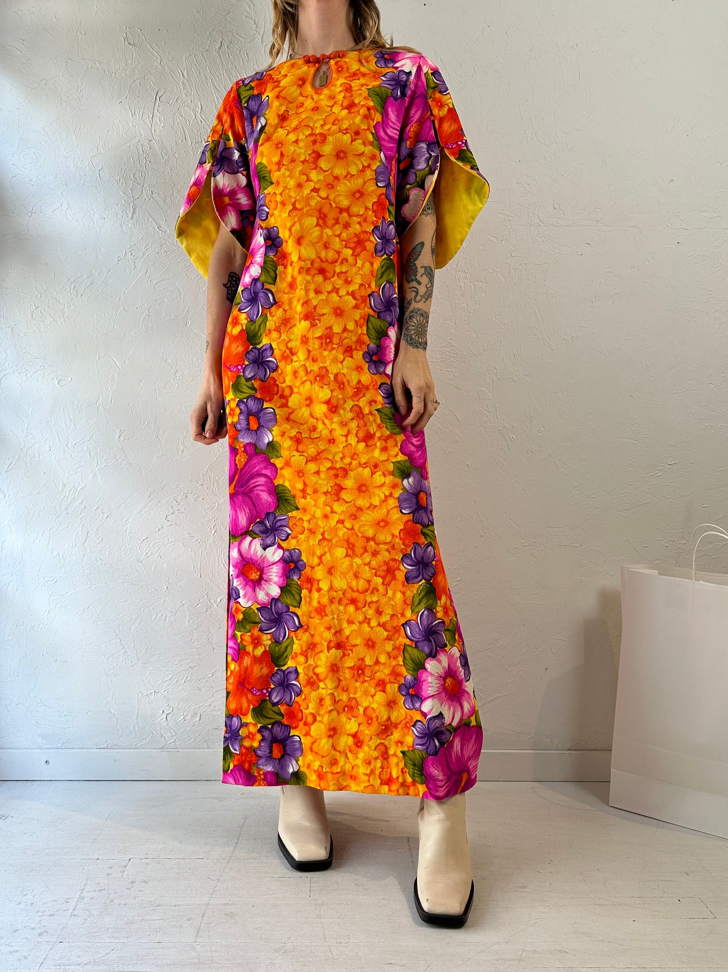 70s 'Hawaiian Togs' Floral Print Maxi Dress / Medium