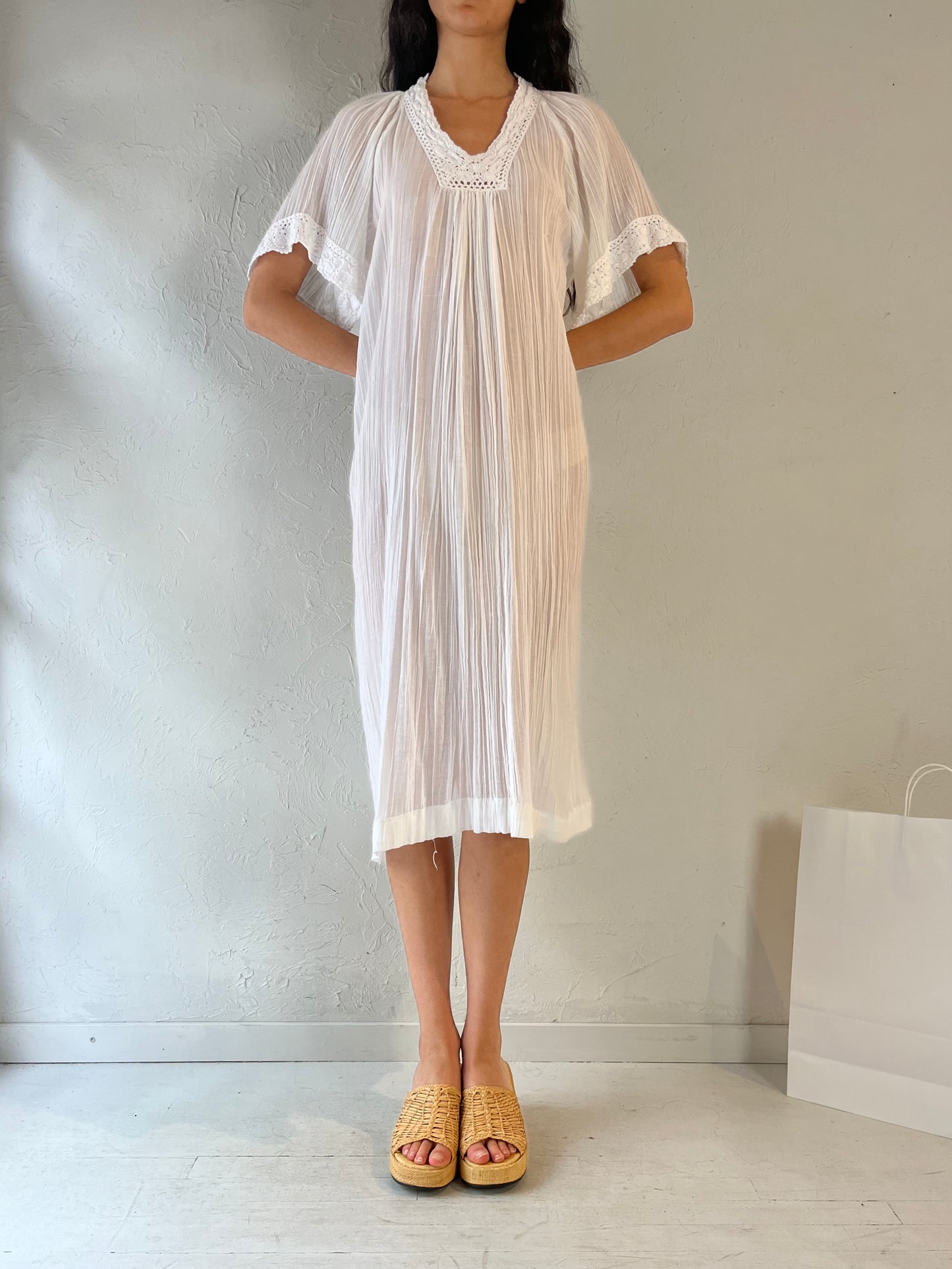 Vintage White Crochet Cotton Gauze Midi Dress / Small