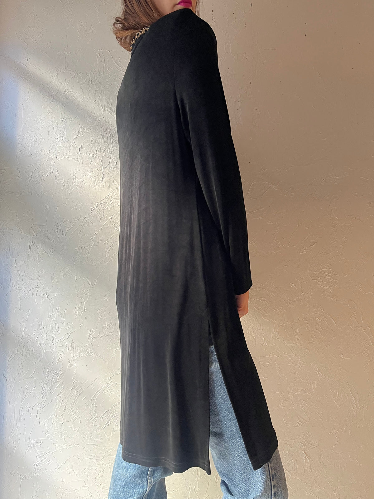 90s ‘Artex Collection’ Black Leopard Collar Duster Animal Print Long Jacket / Medium