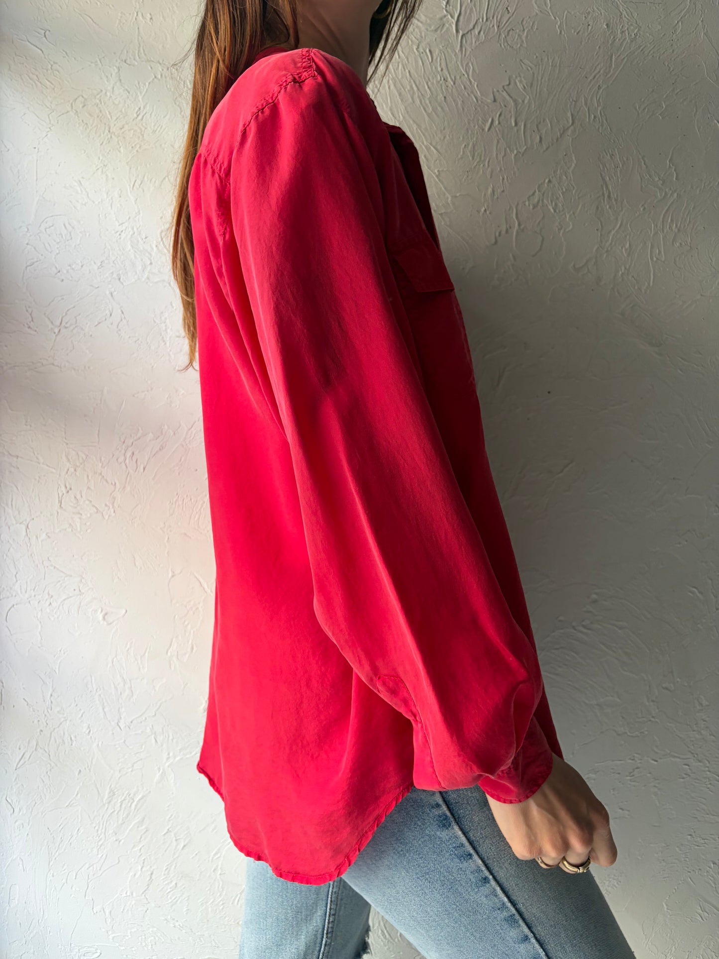 90s 'MTL' Red Silk Shirt / Medium
