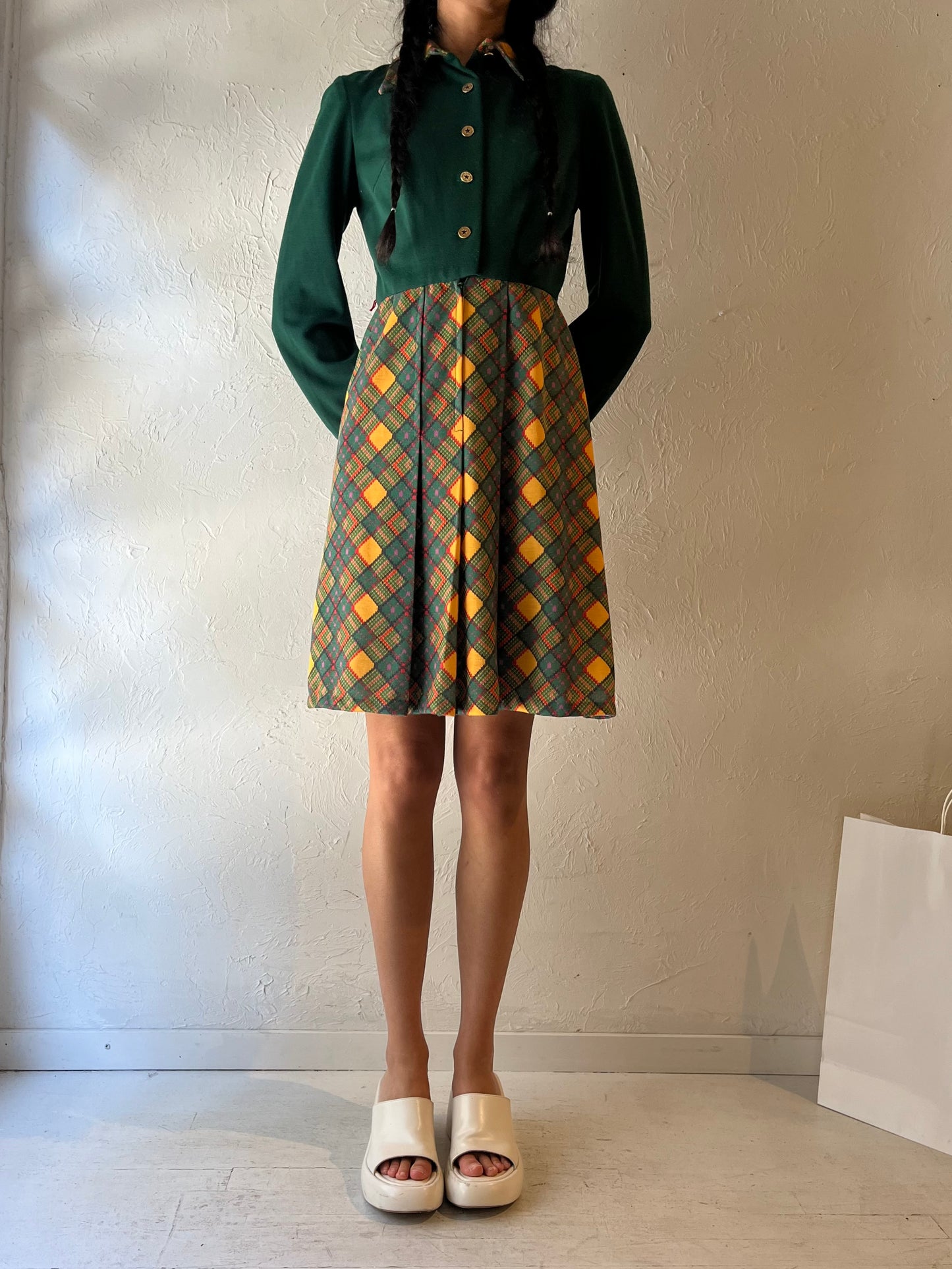 70s 'Pacemaker' Green Long Sleeve Knit Dress / Union Made / Small