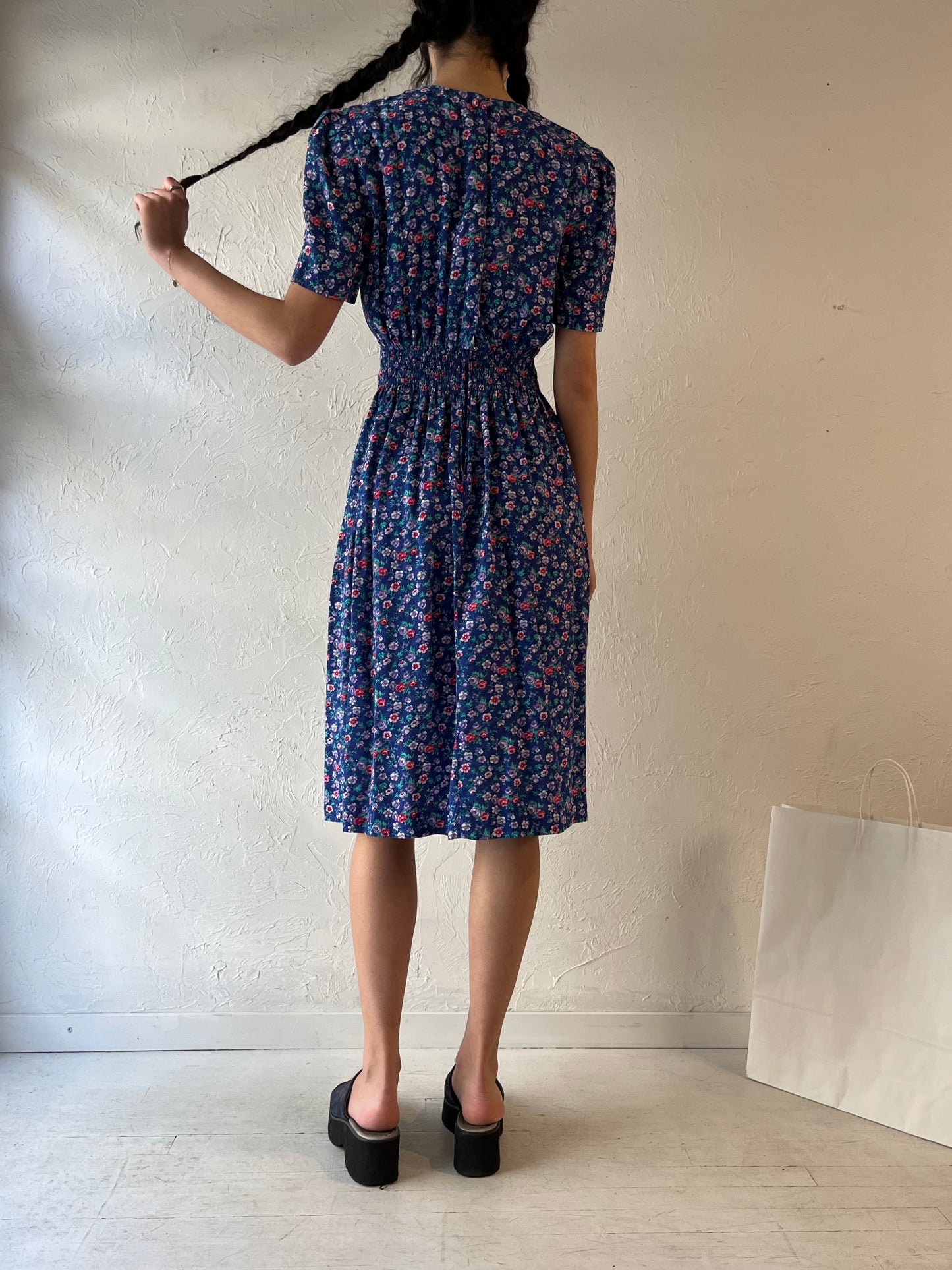 90s ‘Karin Stevens’ Blue Floral Midi Dress / Medium