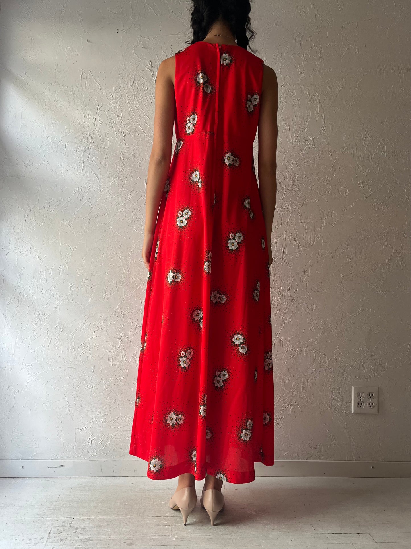 70s 'Wendy Lane' Red Foral Retro Maxi Dress / Medium