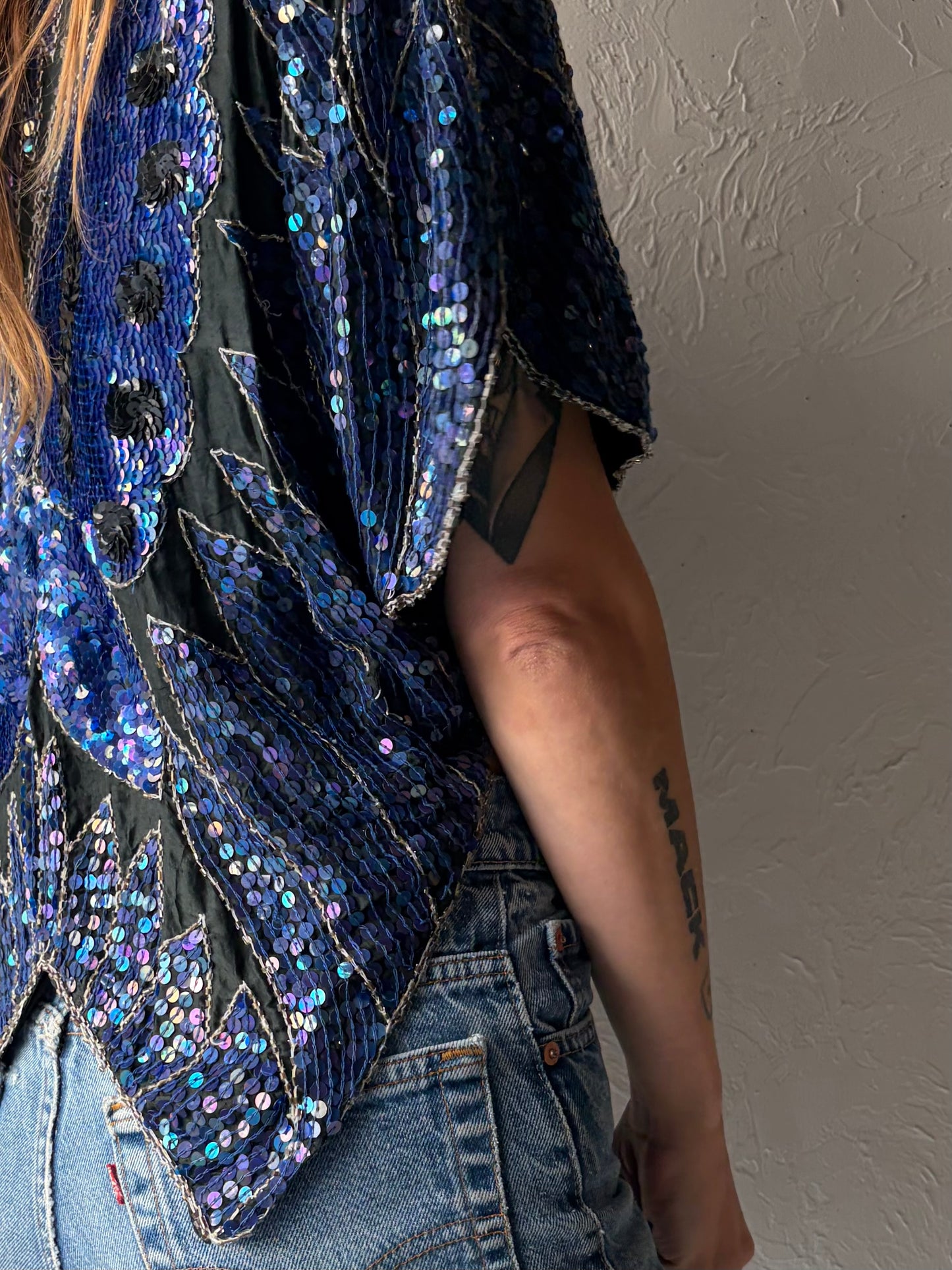 90s 'Paradise' Blue Butterfly Sequin Vintage Boho Festival Retro Y2K Whimsical Top / Small