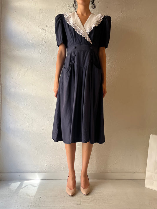 80s 'Scarlett' Black Collared Dress / Small