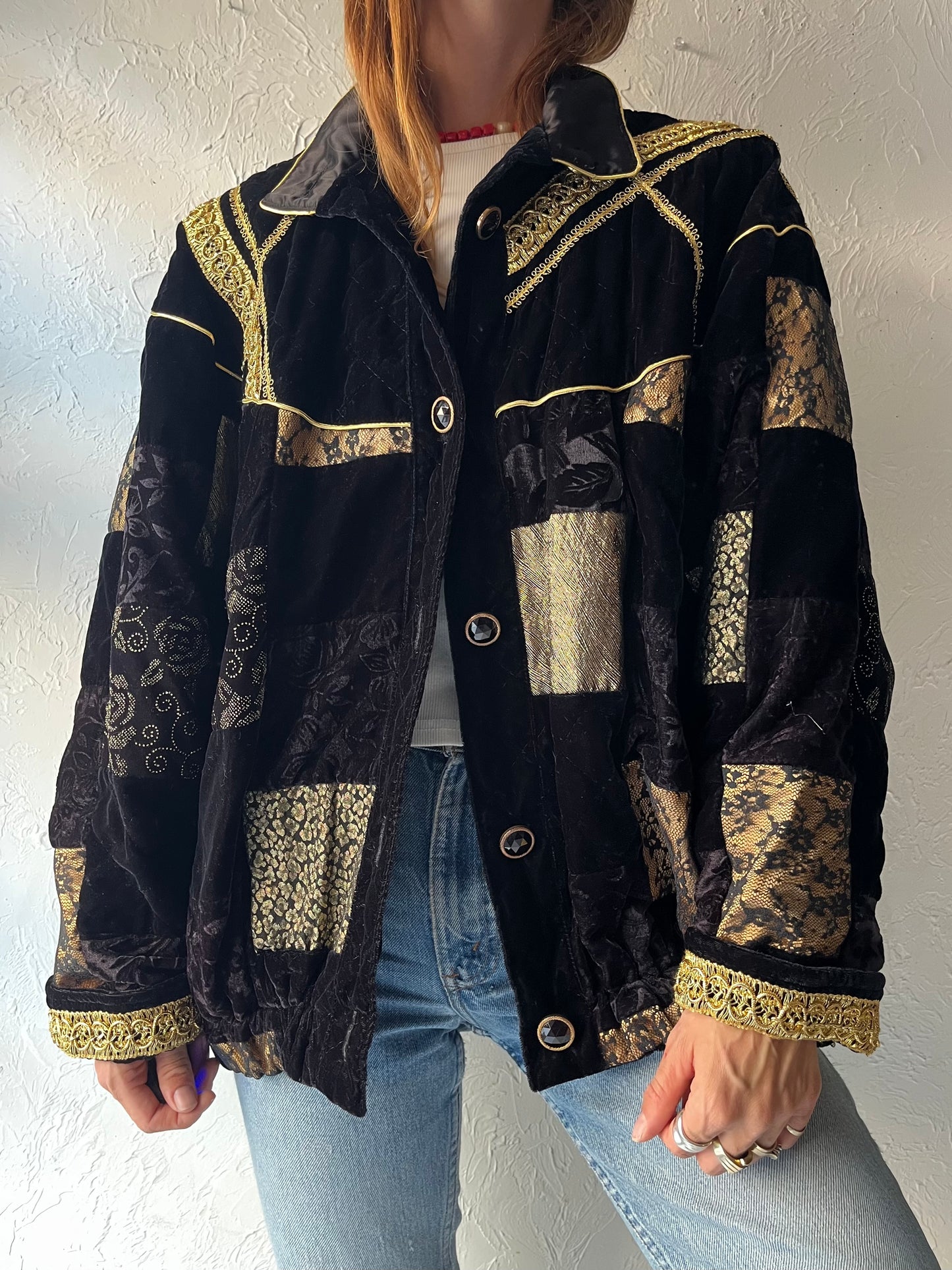 80s 'Marguerite Rubel' Black Velvet Patchwork Jacket / Medium