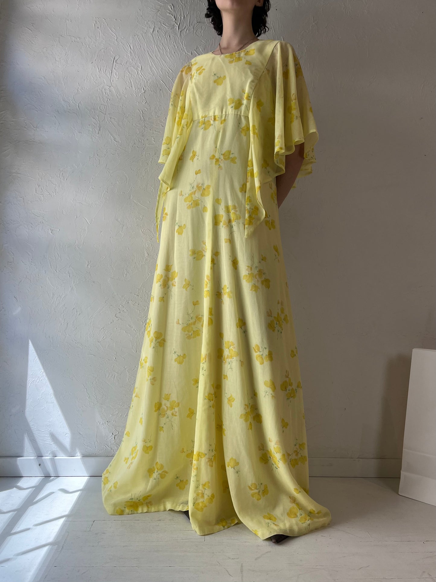 Vintage Handmade Yellow Floral Maxi Dress / Medium