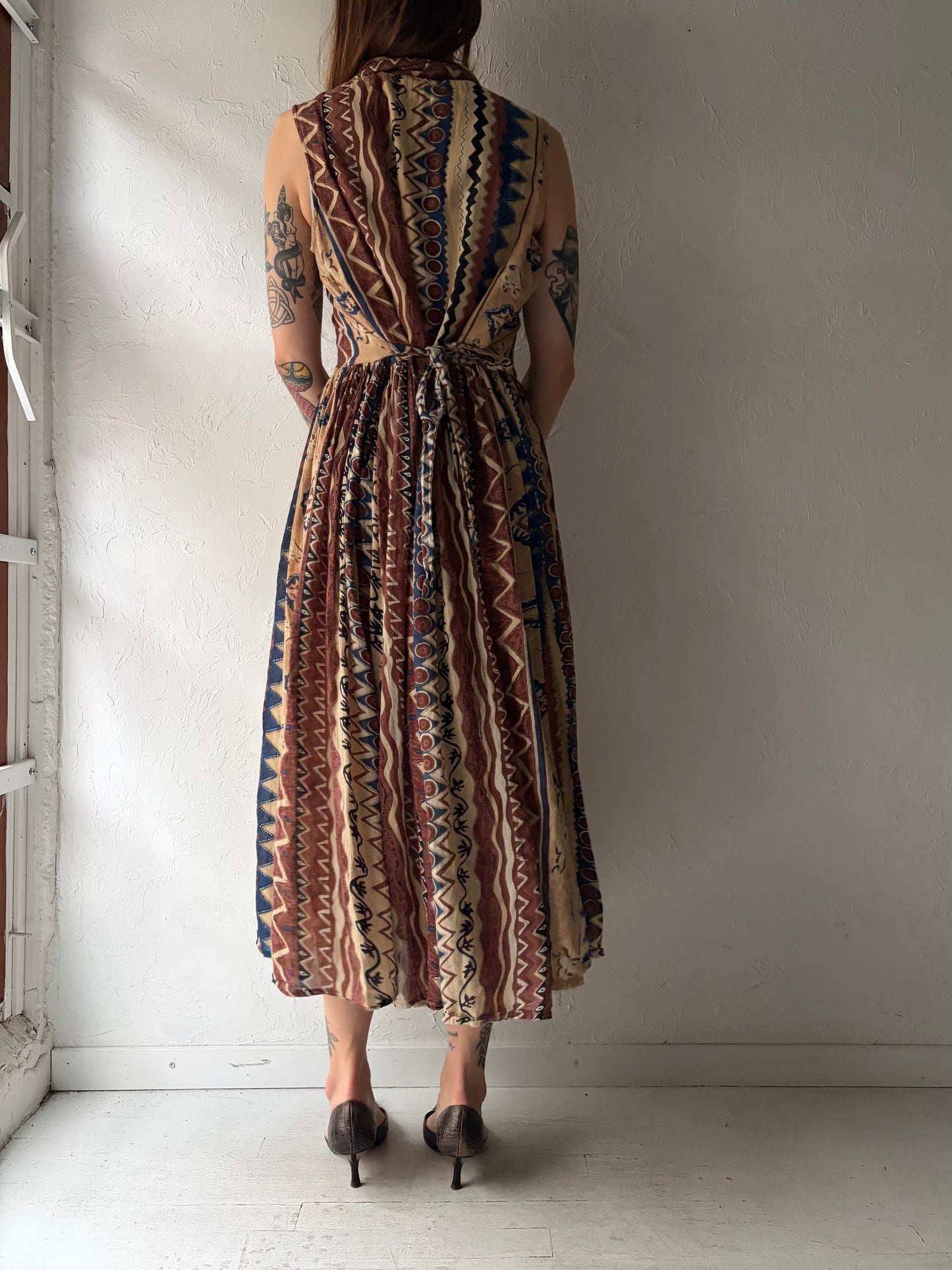 90s 'LGS' Brown Patterned Collared Cotton Spring Dress / Medium
