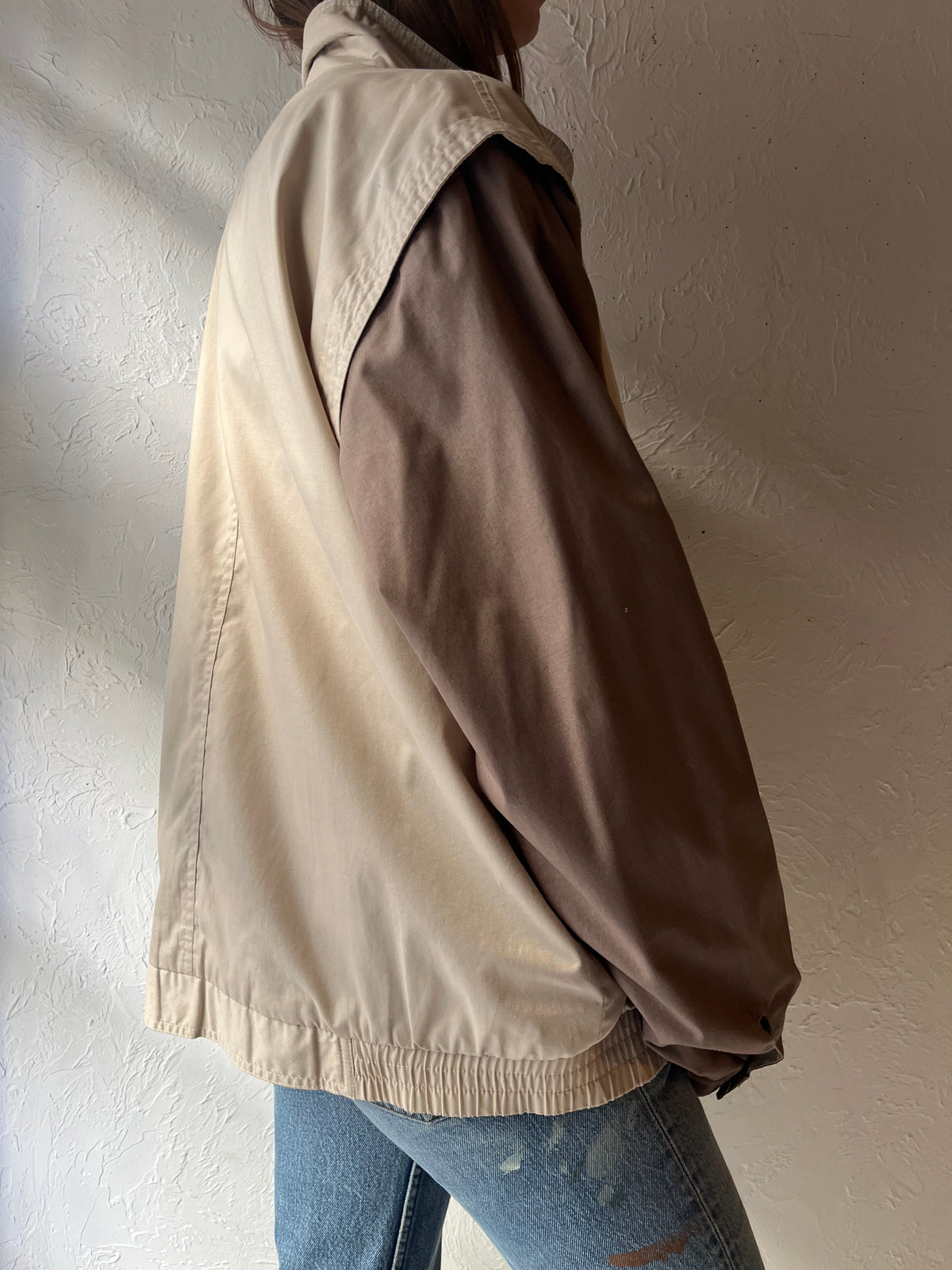 90s 'Oscar de la Renta' Beige Brown Color Block Minimalist Lightweight Windbreaker Jacket / Large