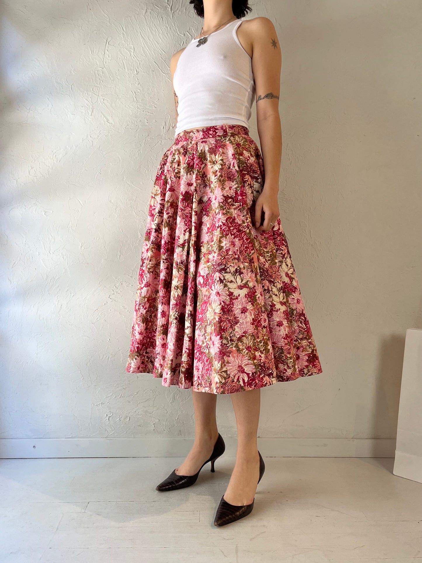 Vintage Handmade Pink Floral Midi Skirt / Small