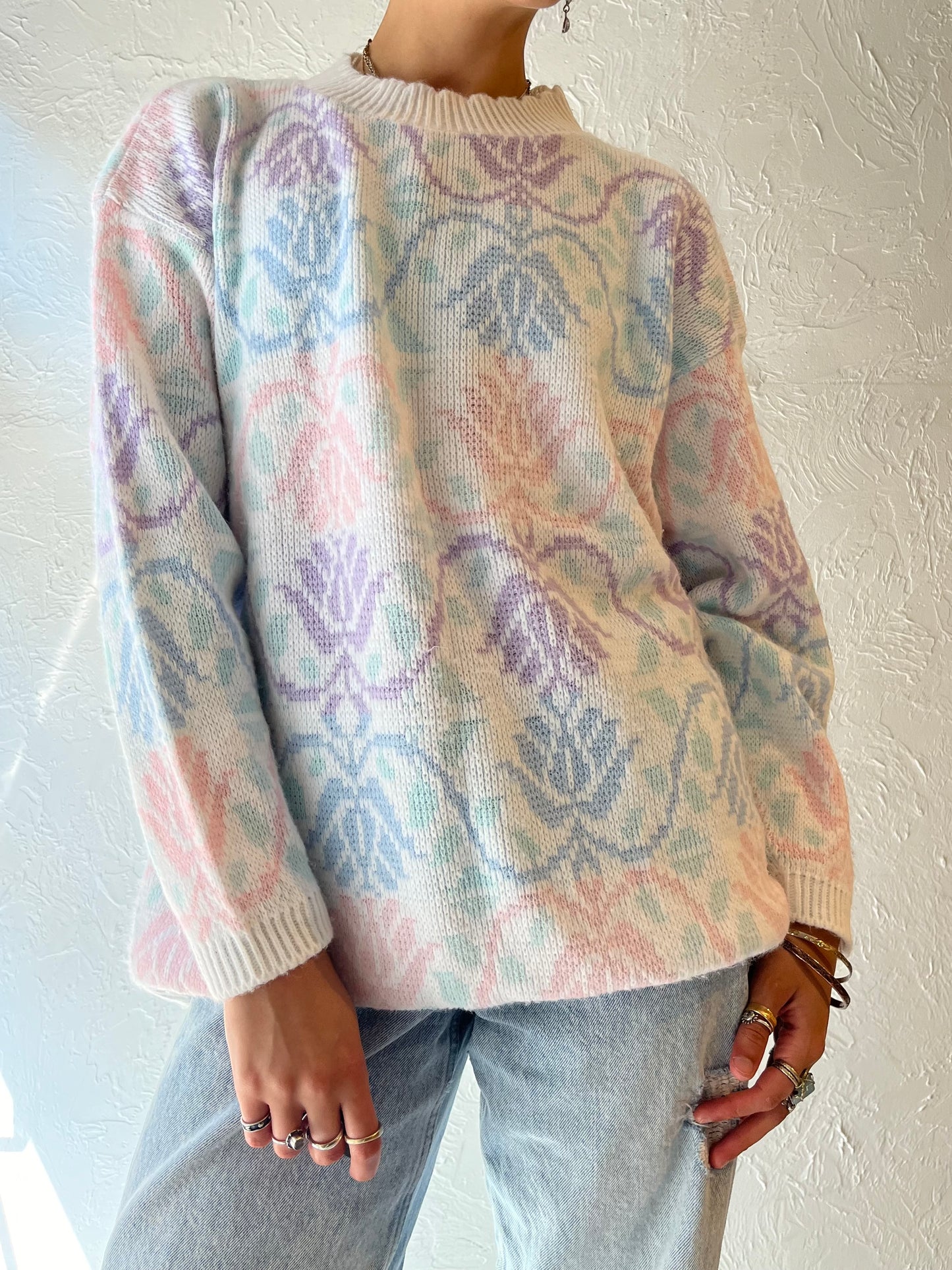 90s 'Classic Essentials' Floral Knit Sweater / Medium