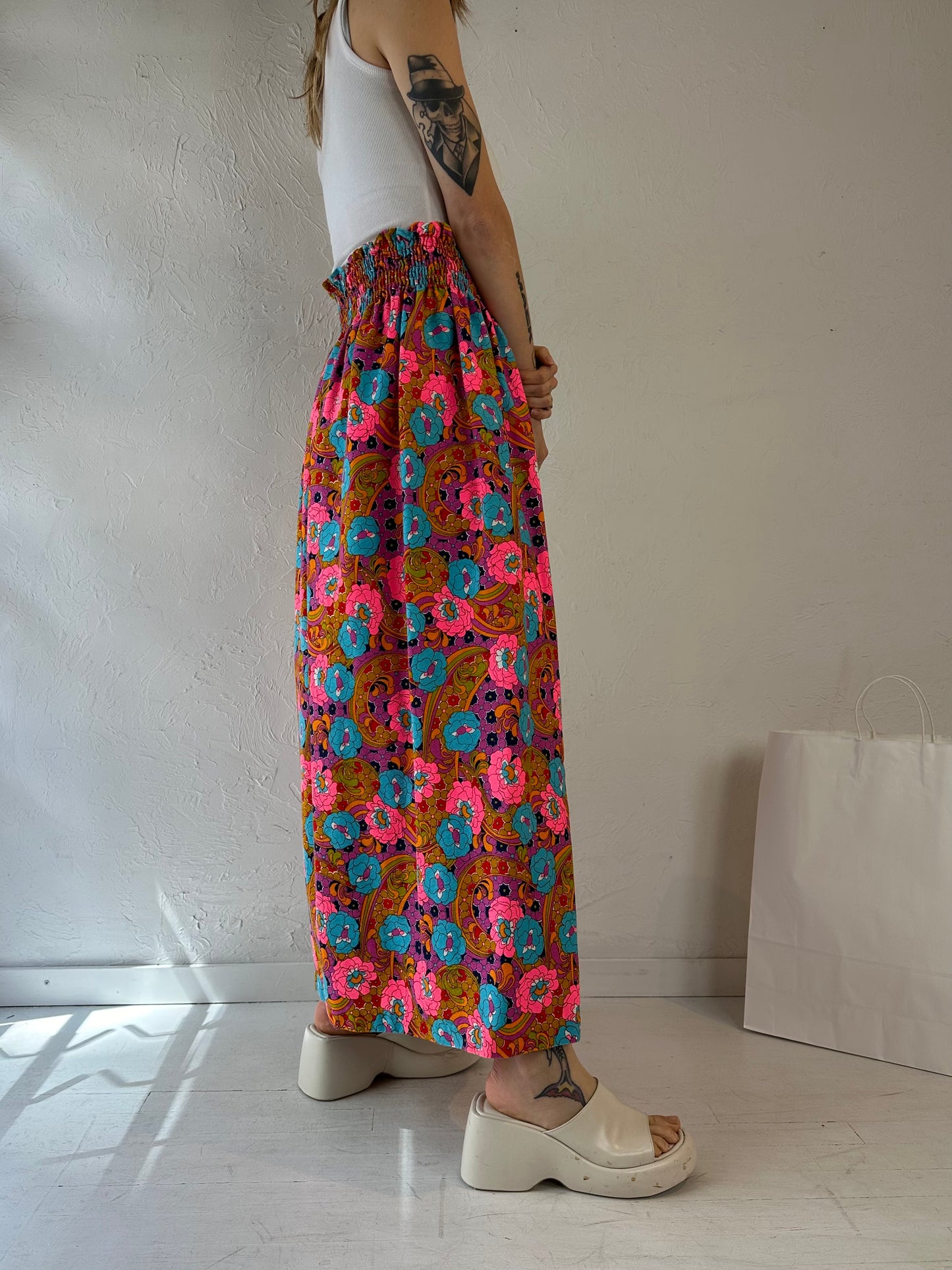 70s 'Beverly Vogue' Retro Floral Cotton Maxi Skirt / Medium