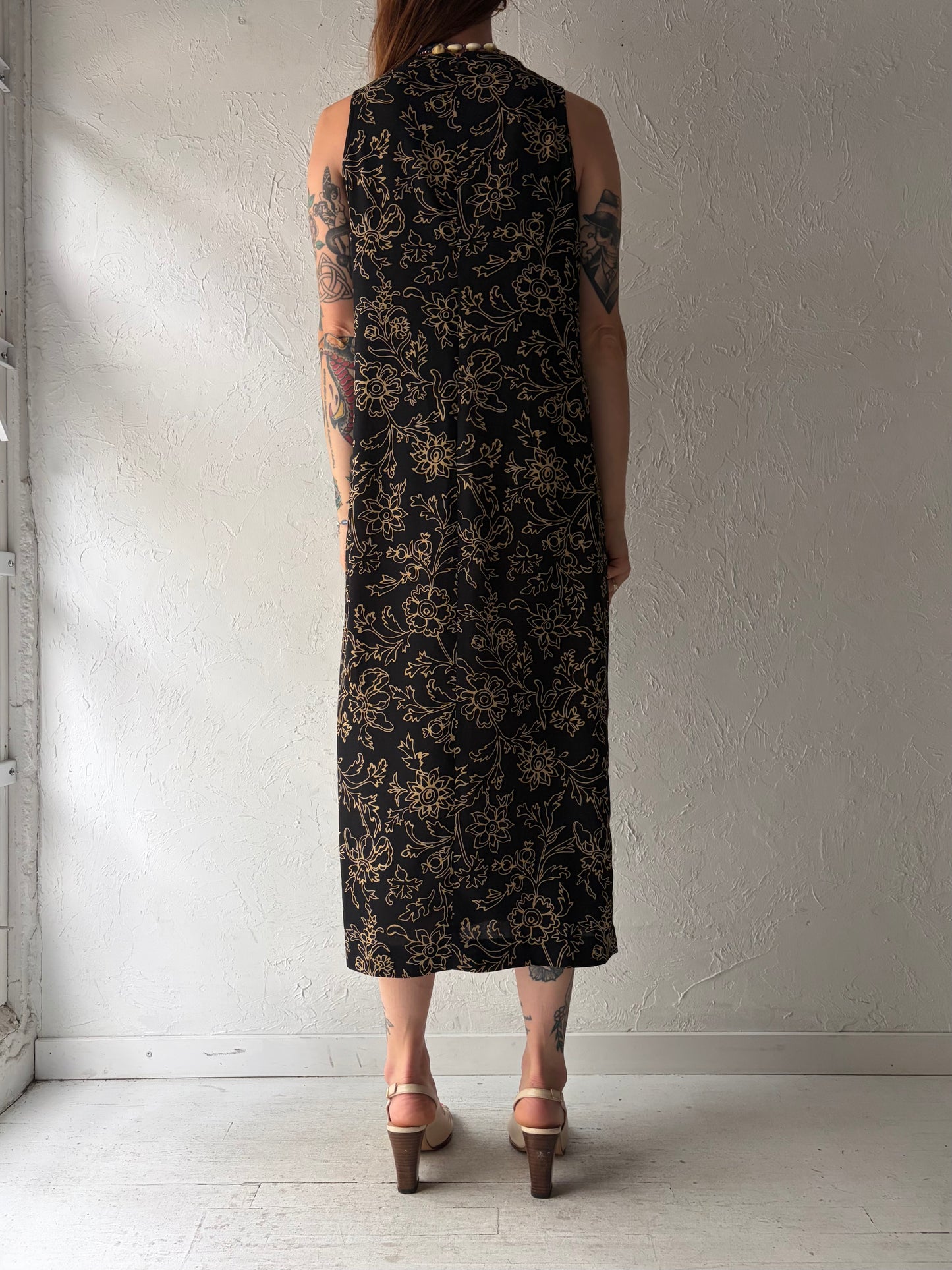 90s 'Jones Wear' Black Floral Print Midi Dress / Small