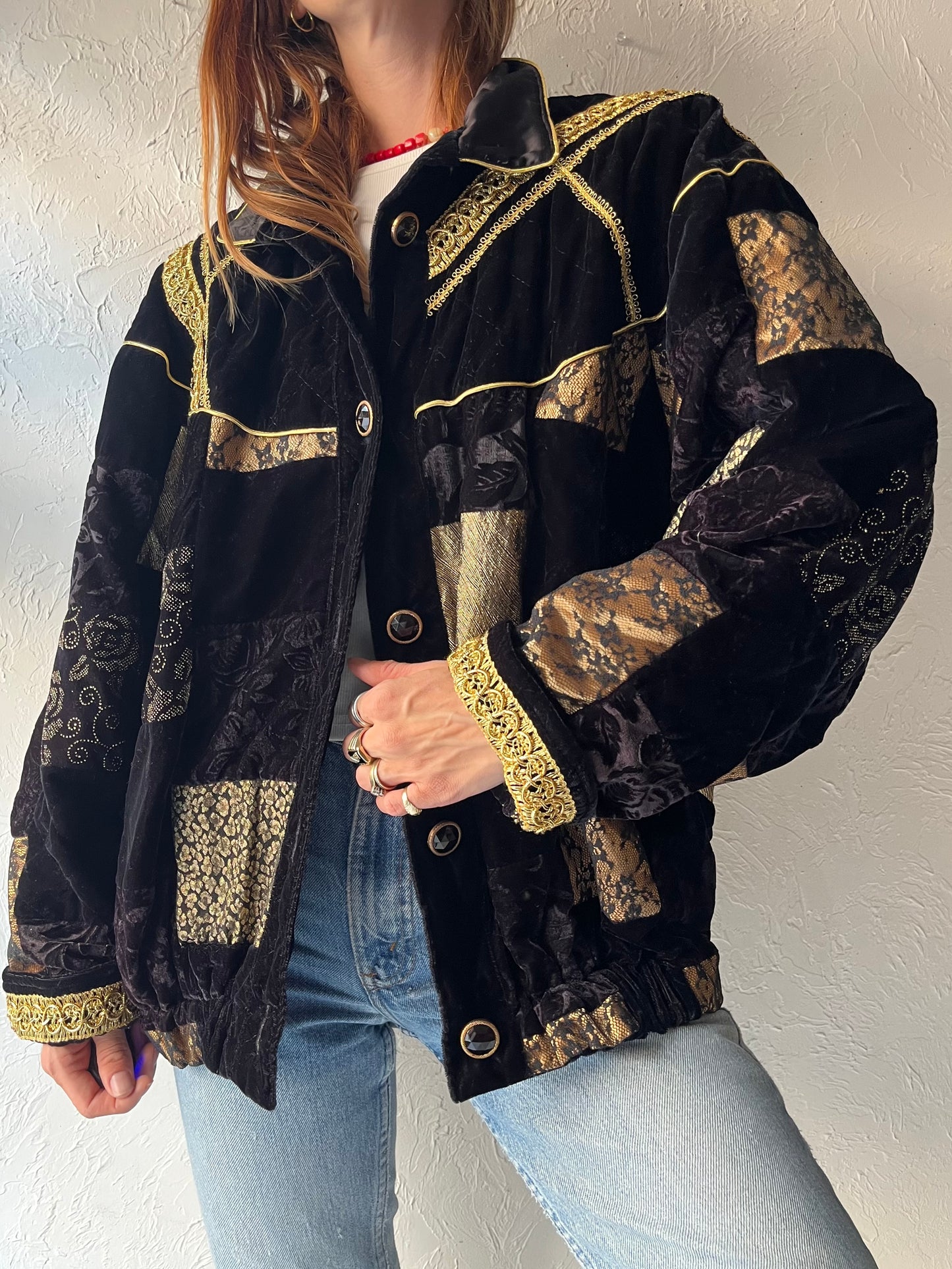 80s 'Marguerite Rubel' Black Velvet Patchwork Jacket / Medium