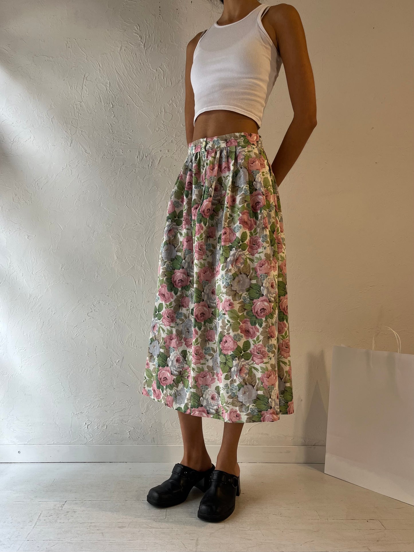 90s Pastel Floral Print Midi Skirt / Small