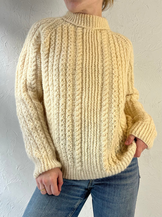 Vintage Hand Wool Knit Cream Cable Knit Sweater / Small - Medium