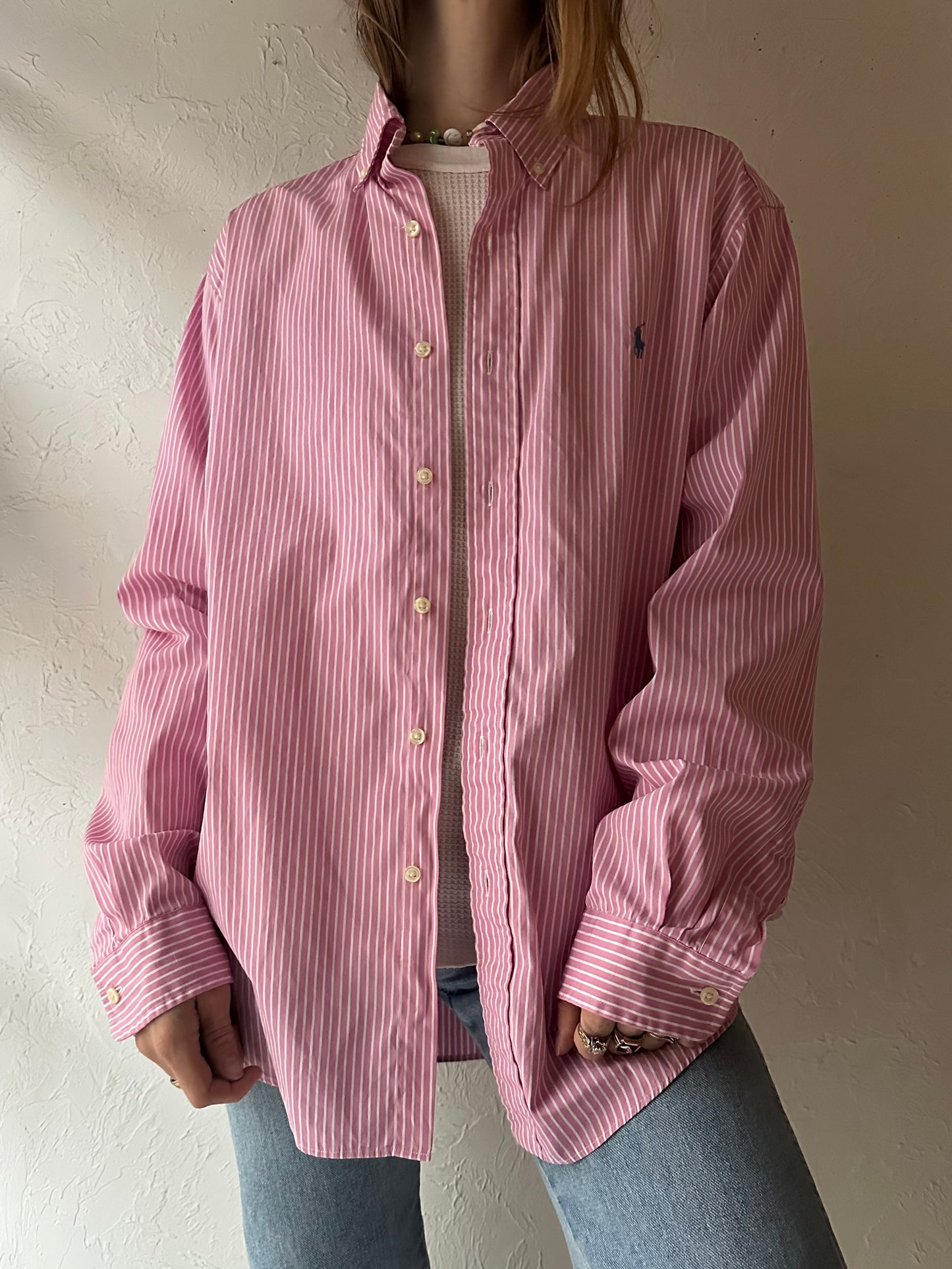 Y2k 'Ralph Lauren' Pink Striped Dress Shirt / Large