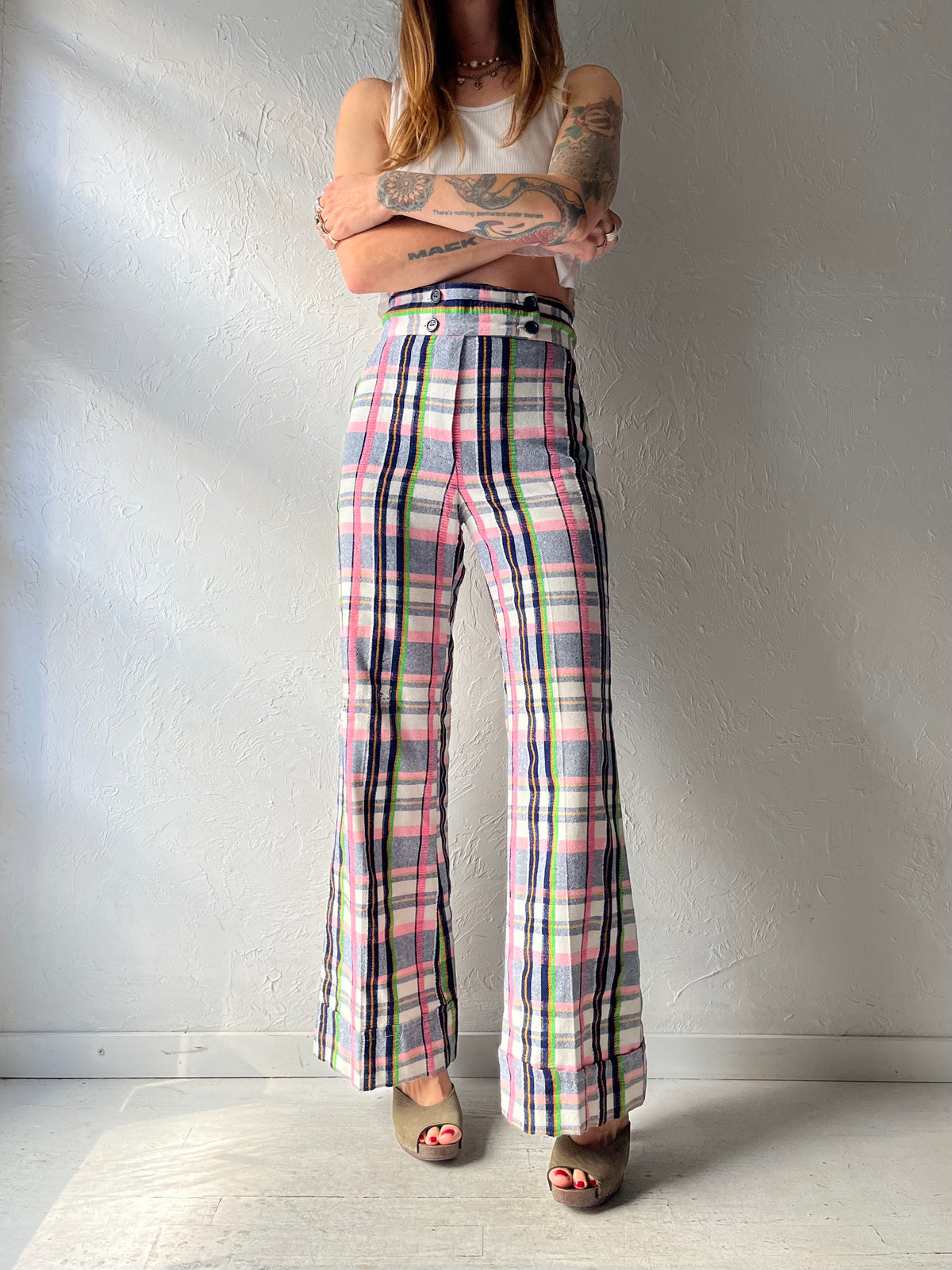 70s Retro High Waisted Plaid Flare Pants /  Small