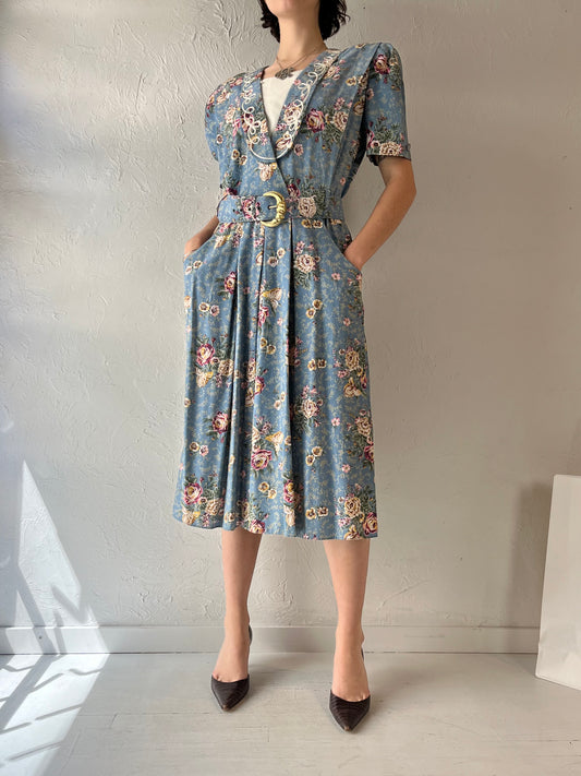 80s 'SL Petites' Blue Floral Print Collared Dress / Medium