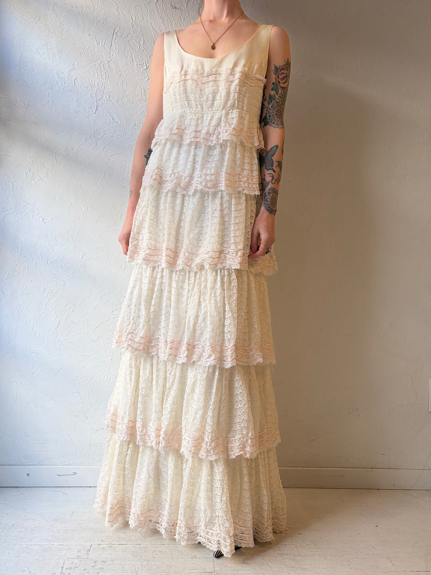 Vintage Tiered Lace Maxi Dress / Medium