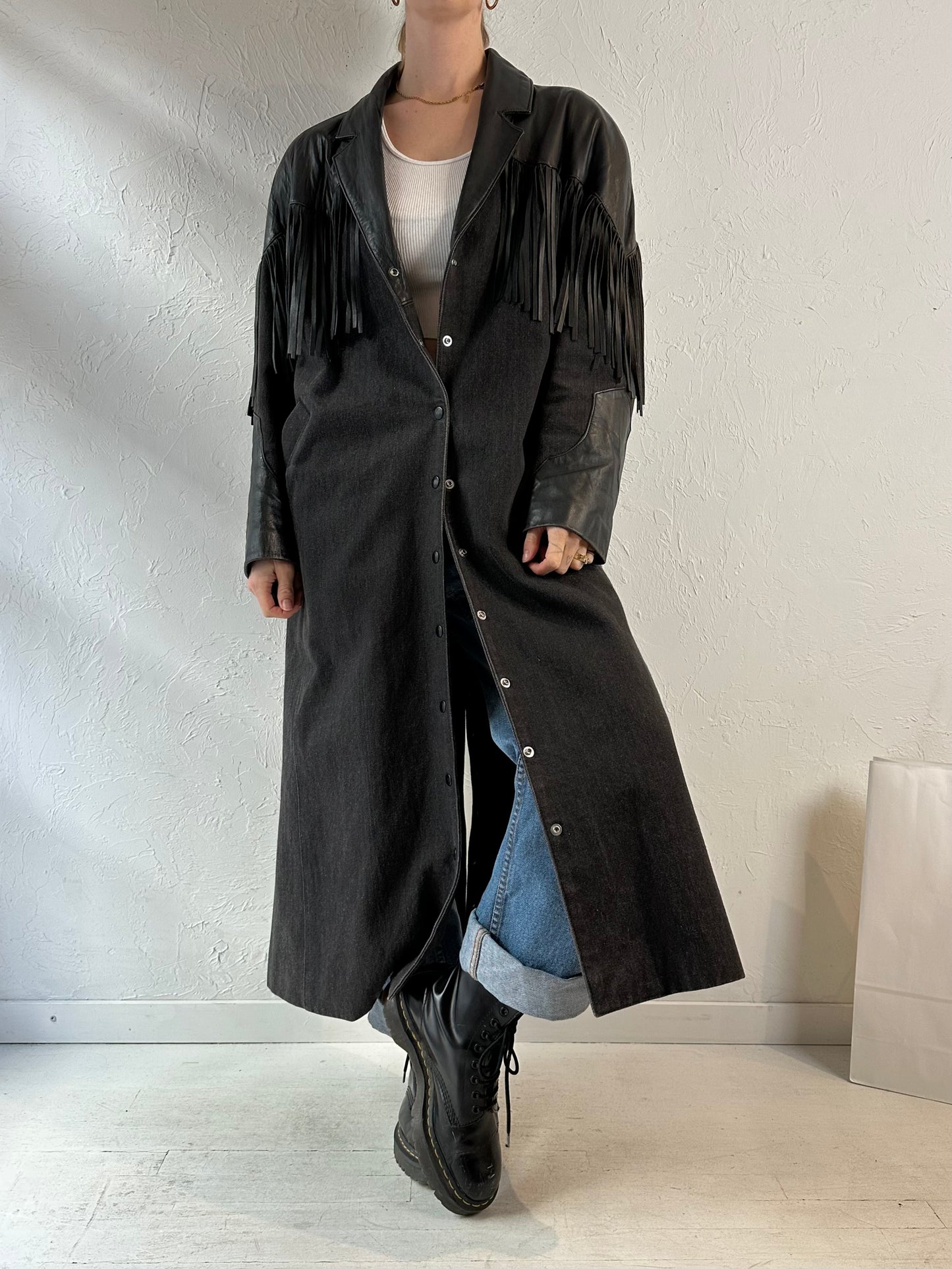 80s 'Diamond' Denim Leather Fringe Coat / Medium