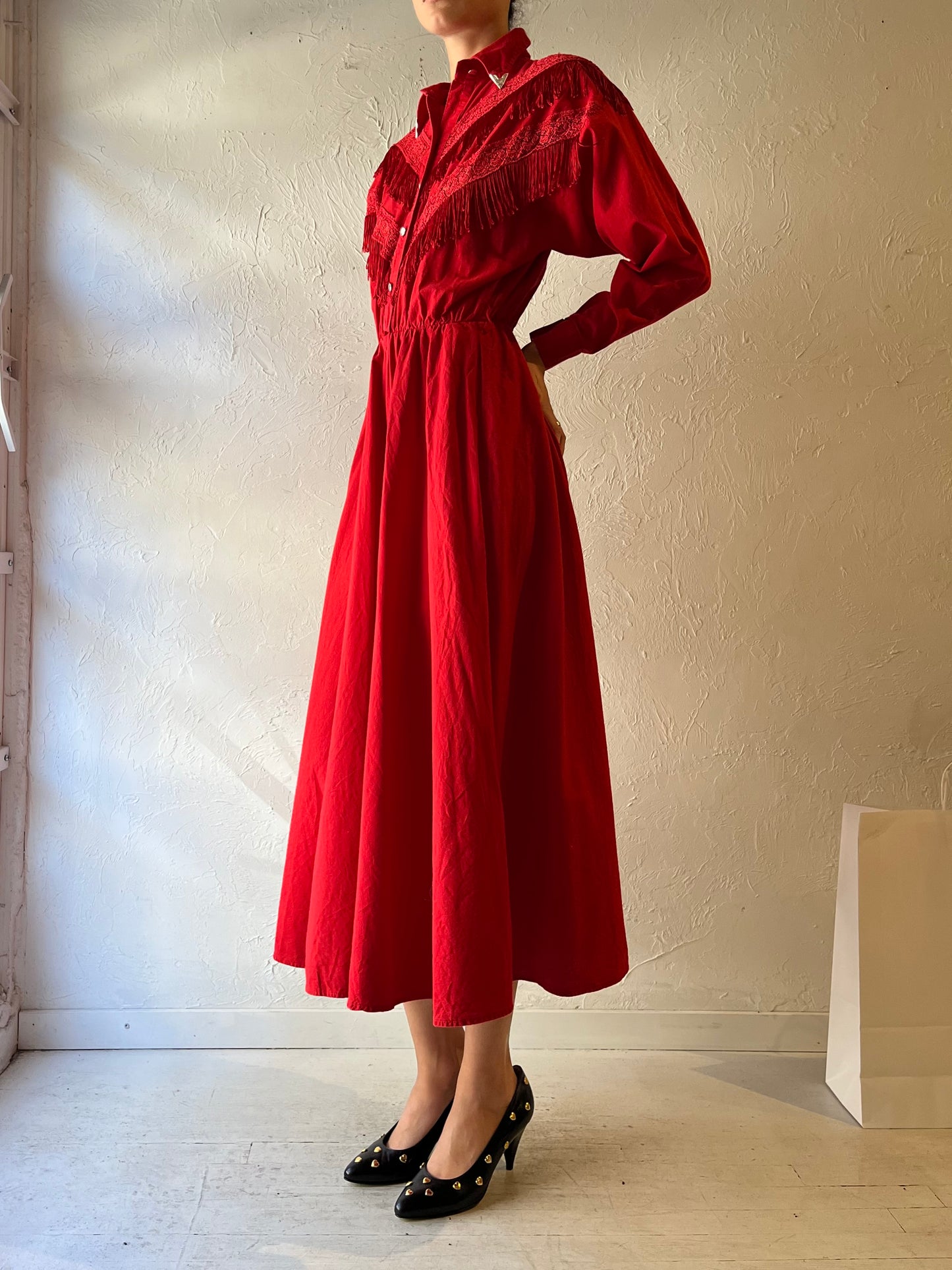 80s 'Lila Suilty' Red Fringe Western Dress / Small