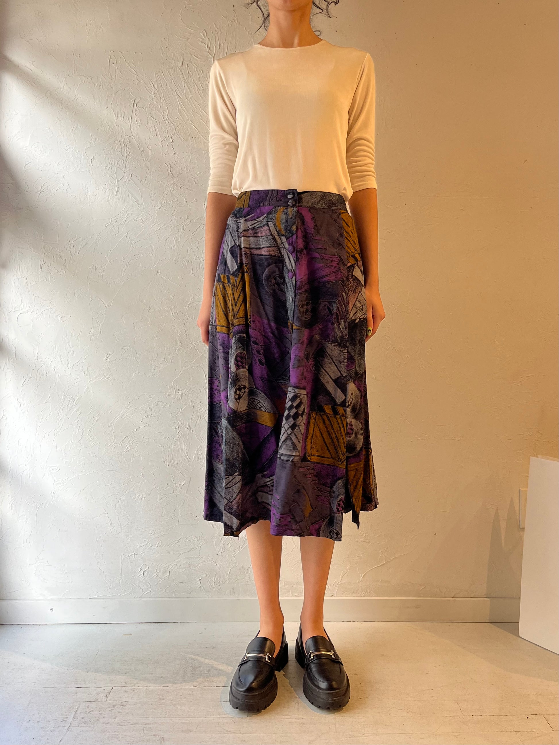 90s ‘Fengy’ Patterned Rayon Midi Skirt / Small