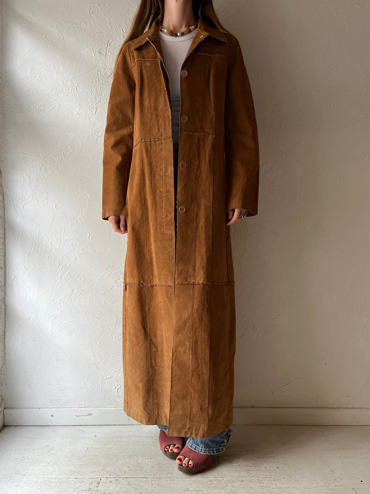 90s 'Le Château' Tan Suede Leather Maxi Trench Coat / Longline Minimalist Duster Jacket / Medium